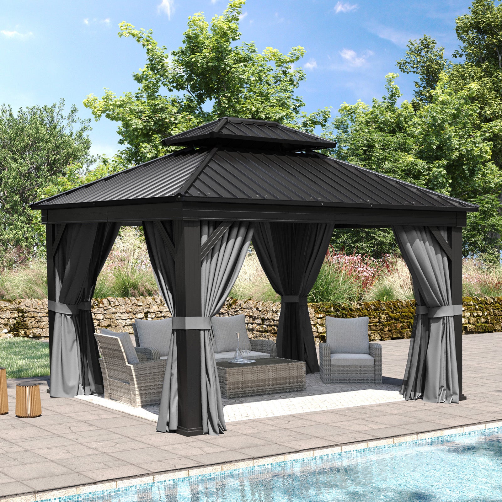 10' X 12' Hardtop Gazebo, Aluminum Outdoor Gazebo with Galvanized Steel Double Roof Canopy, Permanent Metal Gazebo with Privacy Curtain and Netting, for Garden, Backyard, Deck