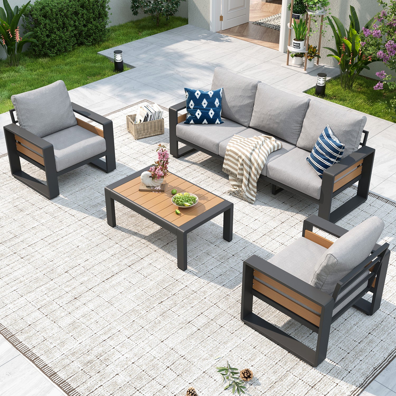 Aoxun Aluminum Patio Furniture Set, 5 Piece Luxury Outdoor Sectional with 6" Olefin Fabric Cushions, patio Conversation Sets with Coffee Table and Waterproof Cover for Backyard, Porch Dark Grey