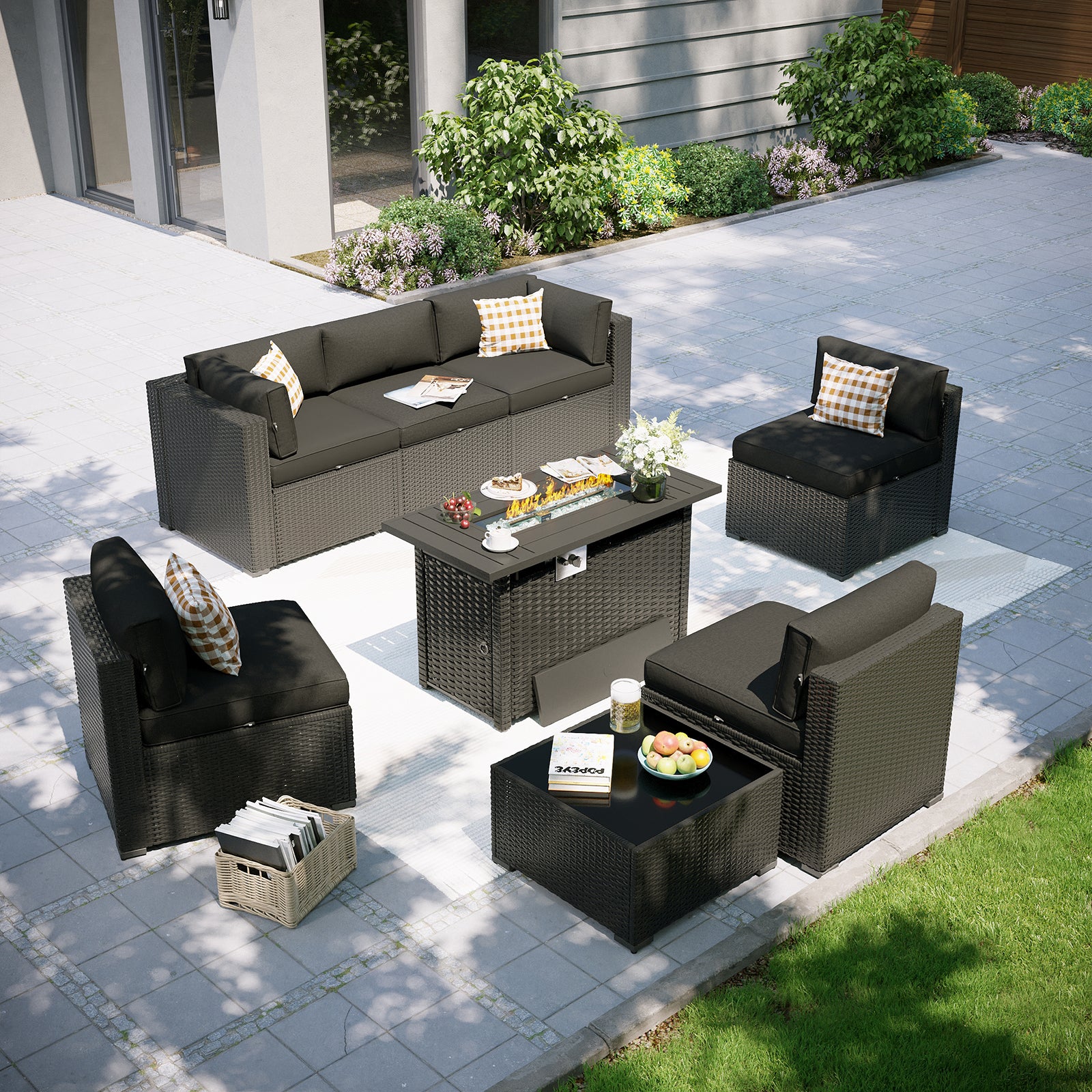 Aoxun Patio Furniture Set, 7 Piece Outdoor Sectional Sofas with Waterprool Cover, Wicker Rattan Outdoor Furniture Patio Conversation Set for Backyard, Garden Peacock Blue