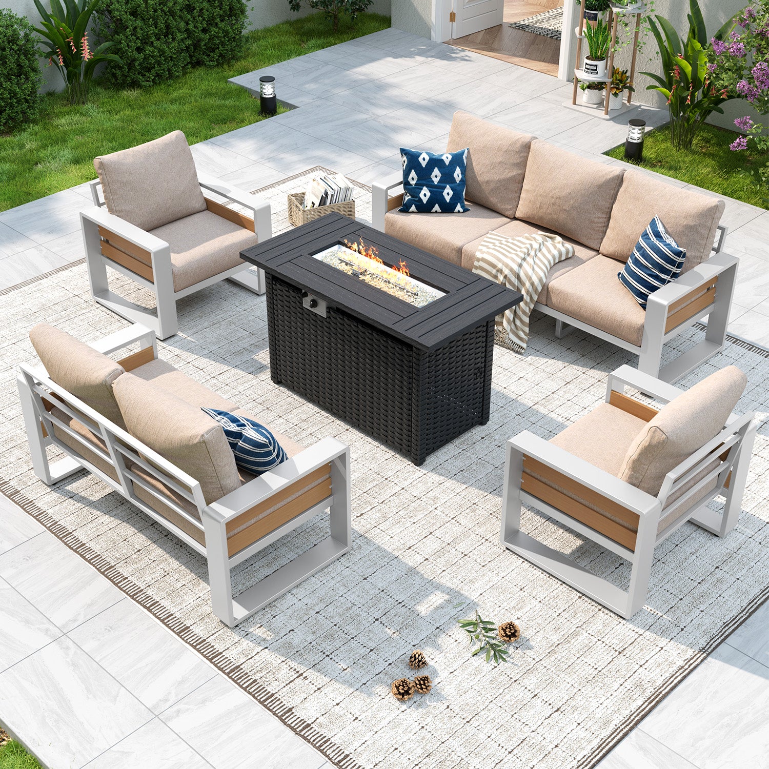 Aoxun Aluminum Patio Furniture Set, 5 Piece Luxury Outdoor Sectional with 6" Olefin Fabric Cushions, patio Conversation Sets with Coffee Table and Waterproof Cover for Backyard, Porch Dark Grey