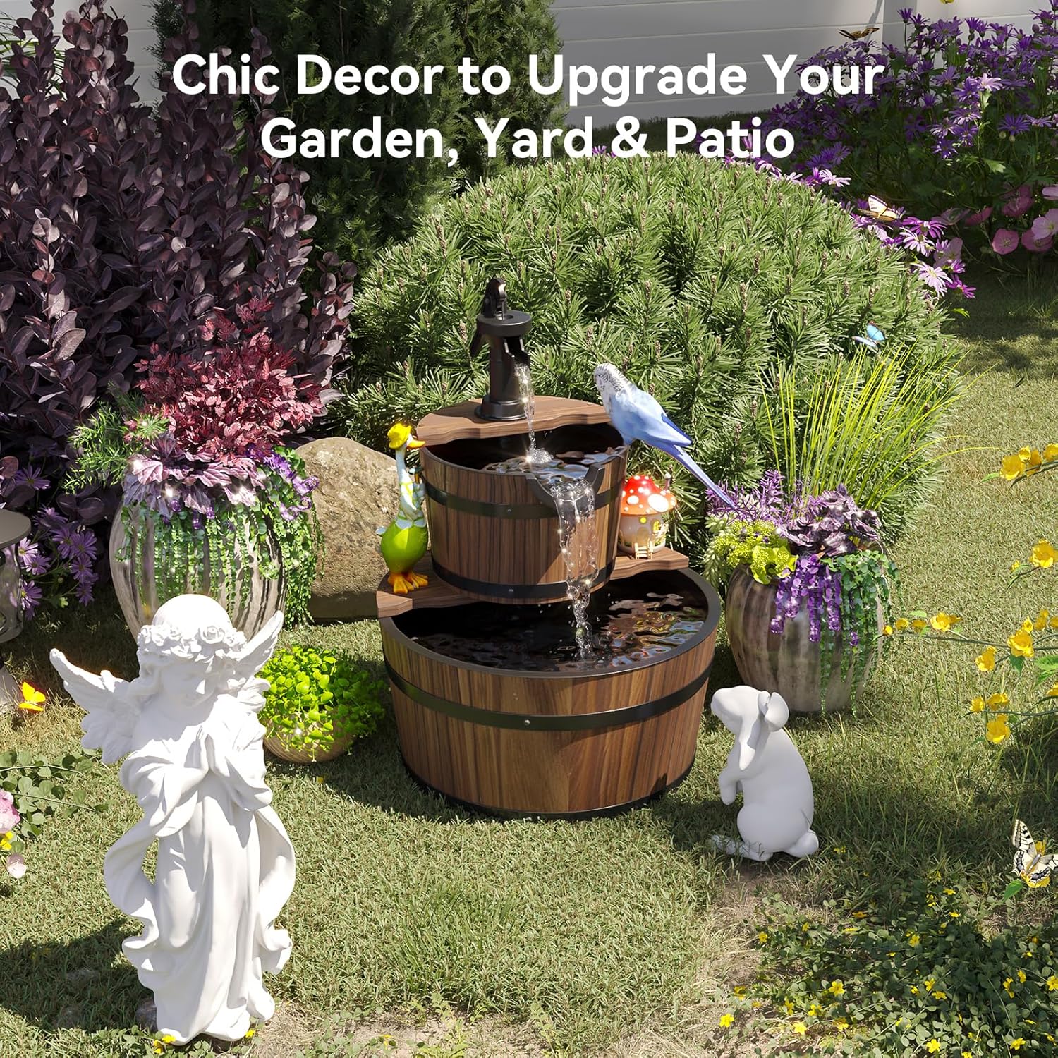 Outdoor Water Fountain, Wood Barrel Cascading with Electric Decorative Hand Pump, Rustic Waterfall Fountain for Garden, Backyard, Patio, Porch, Yard