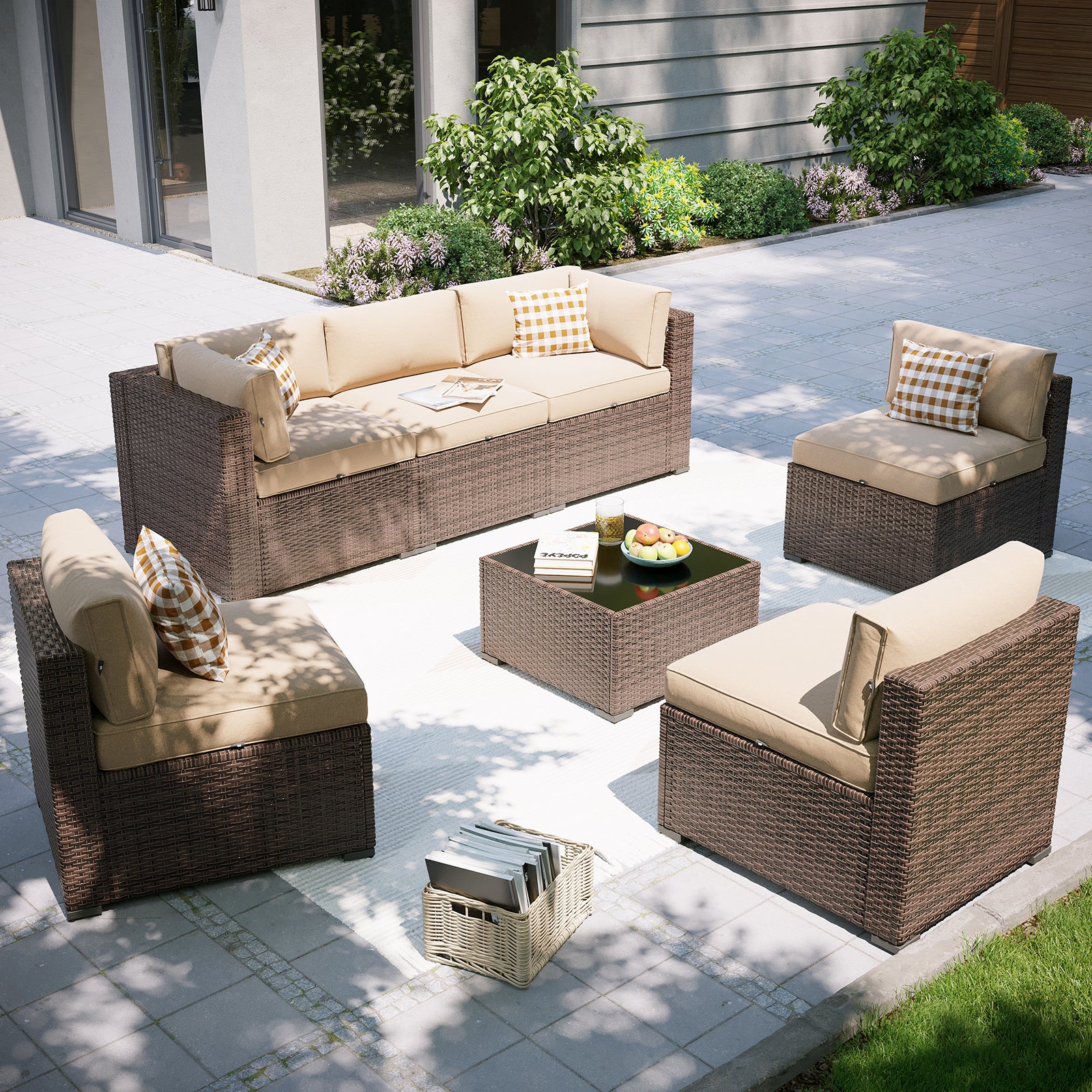Aoxun Patio Furniture Set, 7 Piece Outdoor Sectional Sofas with Waterprool Cover, Wicker Rattan Outdoor Furniture Patio Conversation Set for Backyard, Garden Peacock Blue