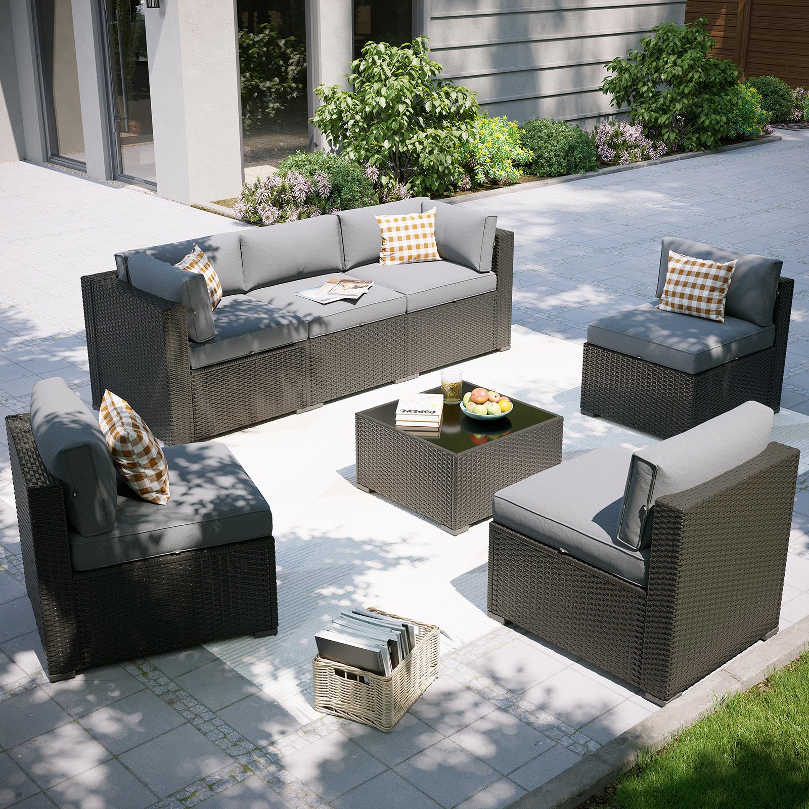 Aoxun Patio Furniture Set, 7 Piece Outdoor Sectional Sofas with Waterprool Cover, Wicker Rattan Outdoor Furniture Patio Conversation Set for Backyard, Garden Peacock Blue