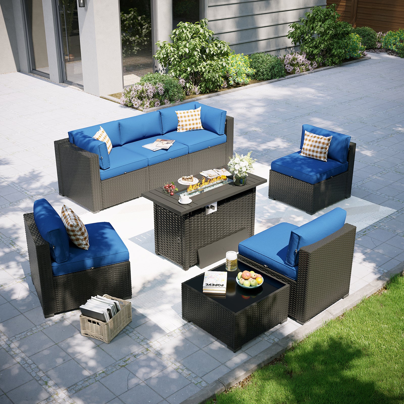Aoxun Patio Furniture Set, 7 Piece Outdoor Sectional Sofas with Waterprool Cover, Wicker Rattan Outdoor Furniture Patio Conversation Set for Backyard, Garden Peacock Blue