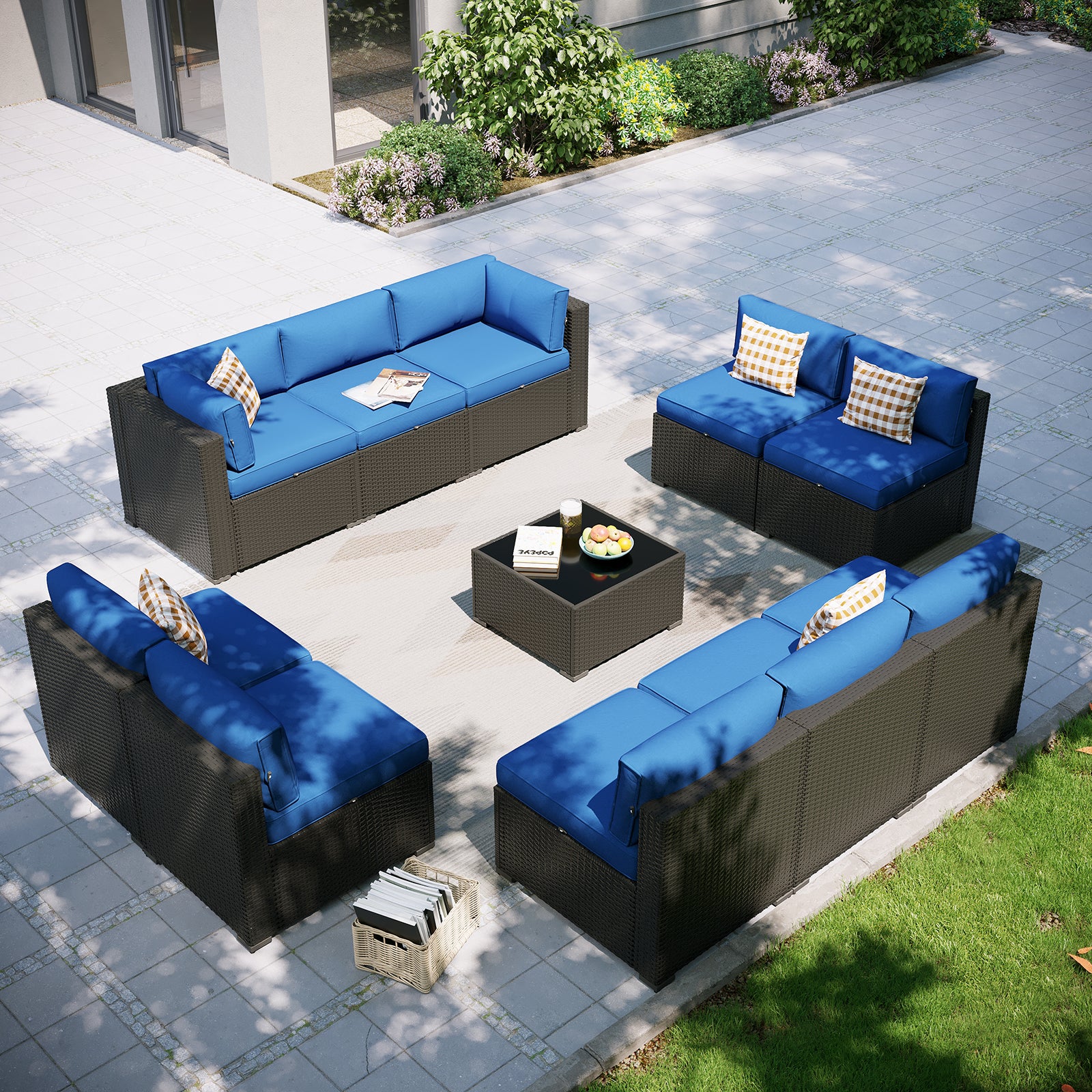 Aoxun Patio Furniture Set, 7 Piece Outdoor Sectional Sofas with Waterprool Cover, Wicker Rattan Outdoor Furniture Patio Conversation Set for Backyard, Garden Peacock Blue