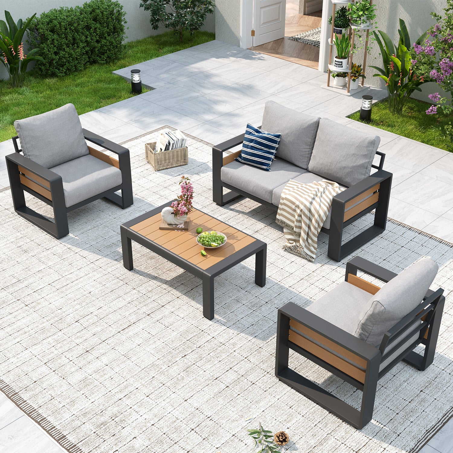 Aoxun Aluminum Patio Furniture Set, 5 Piece Luxury Outdoor Sectional with 6" Olefin Fabric Cushions, patio Conversation Sets with Coffee Table and Waterproof Cover for Backyard, Porch Dark Grey