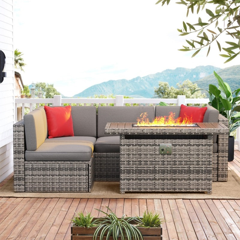 5 Pieces Patio Sectional Wicker  Sofa Set with 40" Fire Pit Table, Grey