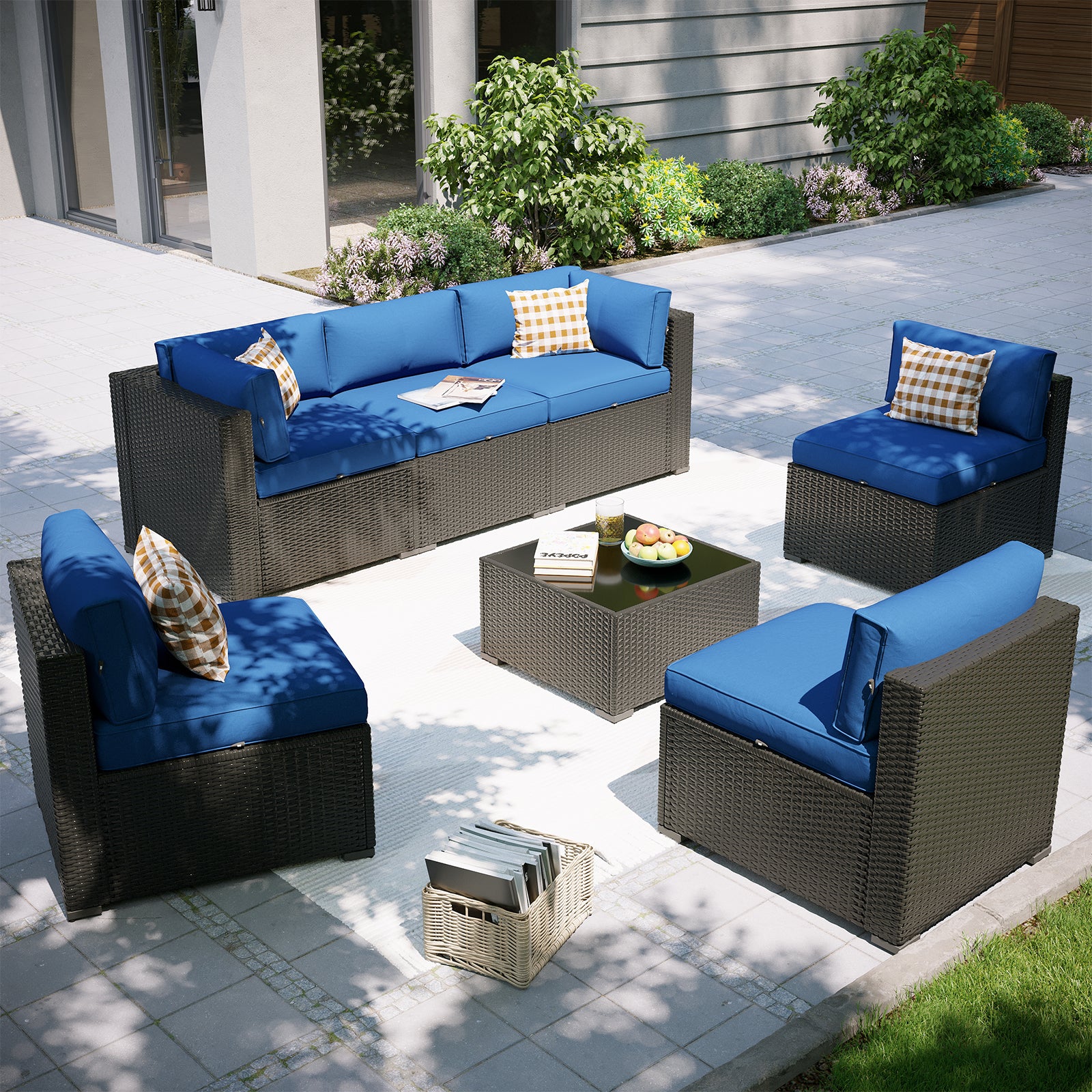 Aoxun Patio Furniture Set, 7 Piece Outdoor Sectional Sofas with Waterprool Cover, Wicker Rattan Outdoor Furniture Patio Conversation Set for Backyard, Garden Peacock Blue