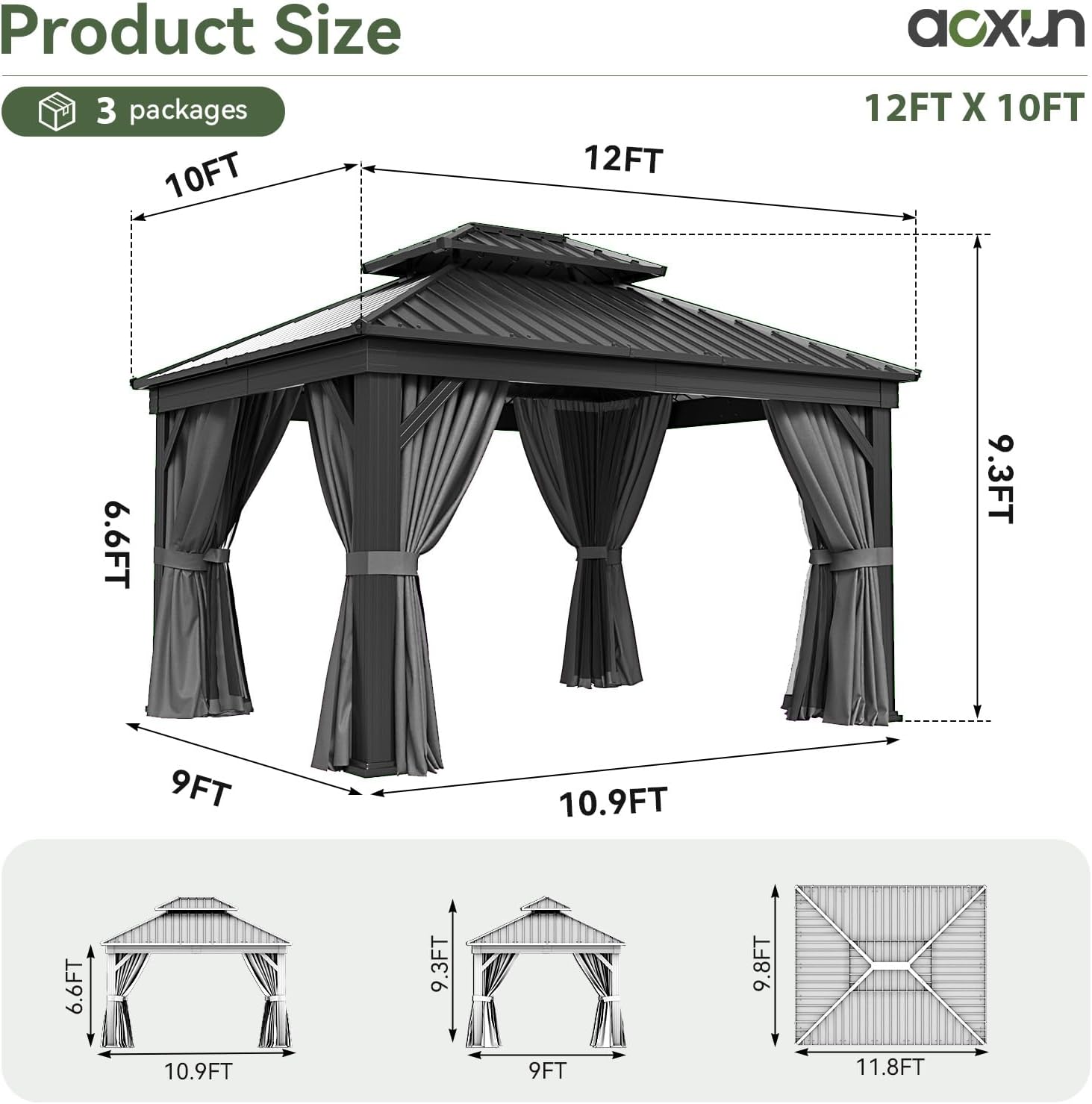 Aoxun 12' X 20' Hardtop Gazebo, Aluminum Outdoor Gazebo with Galvanized Steel Double Roof Canopy, Permanent Metal Pavilion with Privacy Curtain and Netting, for Poolside, Backyard, Square Foundation