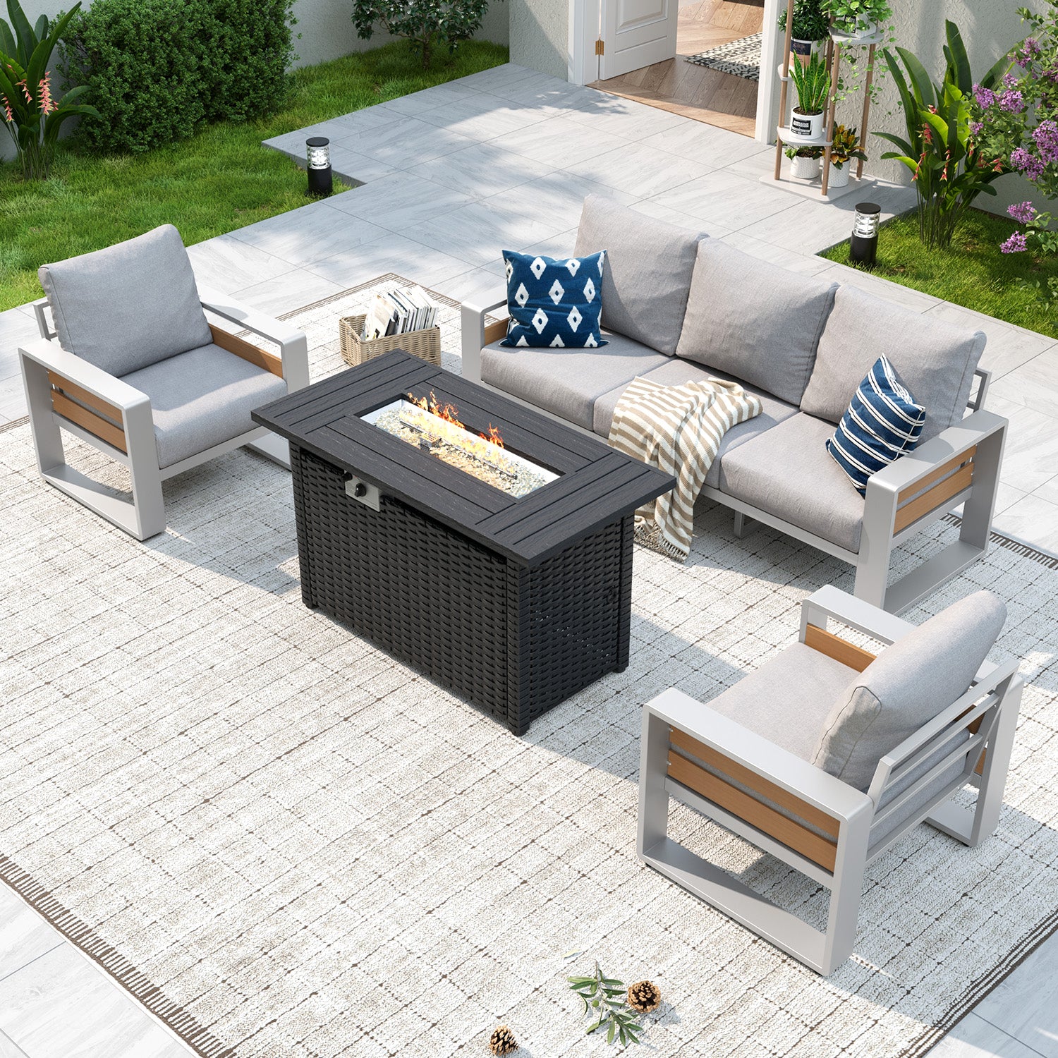 Aoxun Aluminum Patio Furniture Set, 5 Piece Luxury Outdoor Sectional with 6" Olefin Fabric Cushions, patio Conversation Sets with Coffee Table and Waterproof Cover for Backyard, Porch Dark Grey