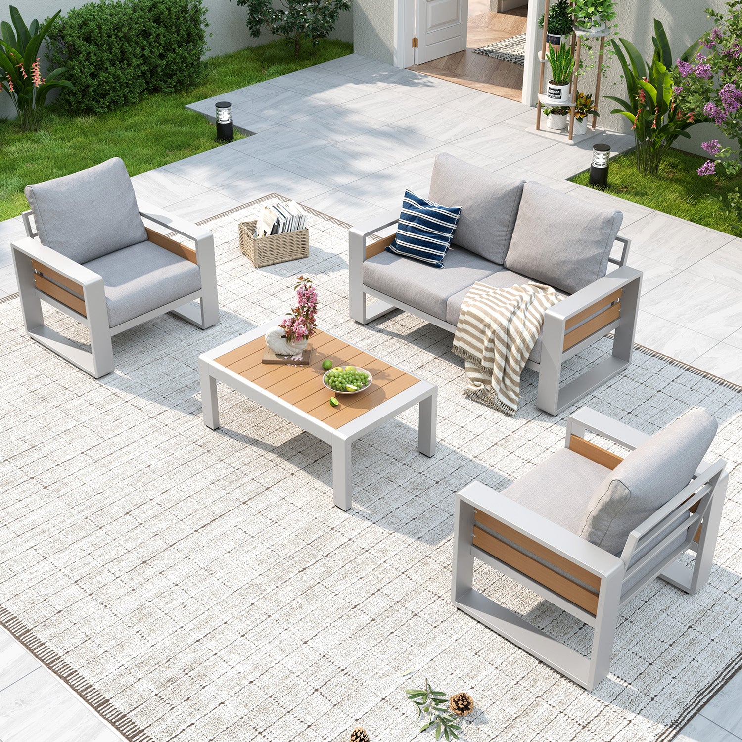 Aoxun Aluminum Patio Furniture Set, 5 Piece Luxury Outdoor Sectional with 6" Olefin Fabric Cushions, patio Conversation Sets with Coffee Table and Waterproof Cover for Backyard, Porch Dark Grey