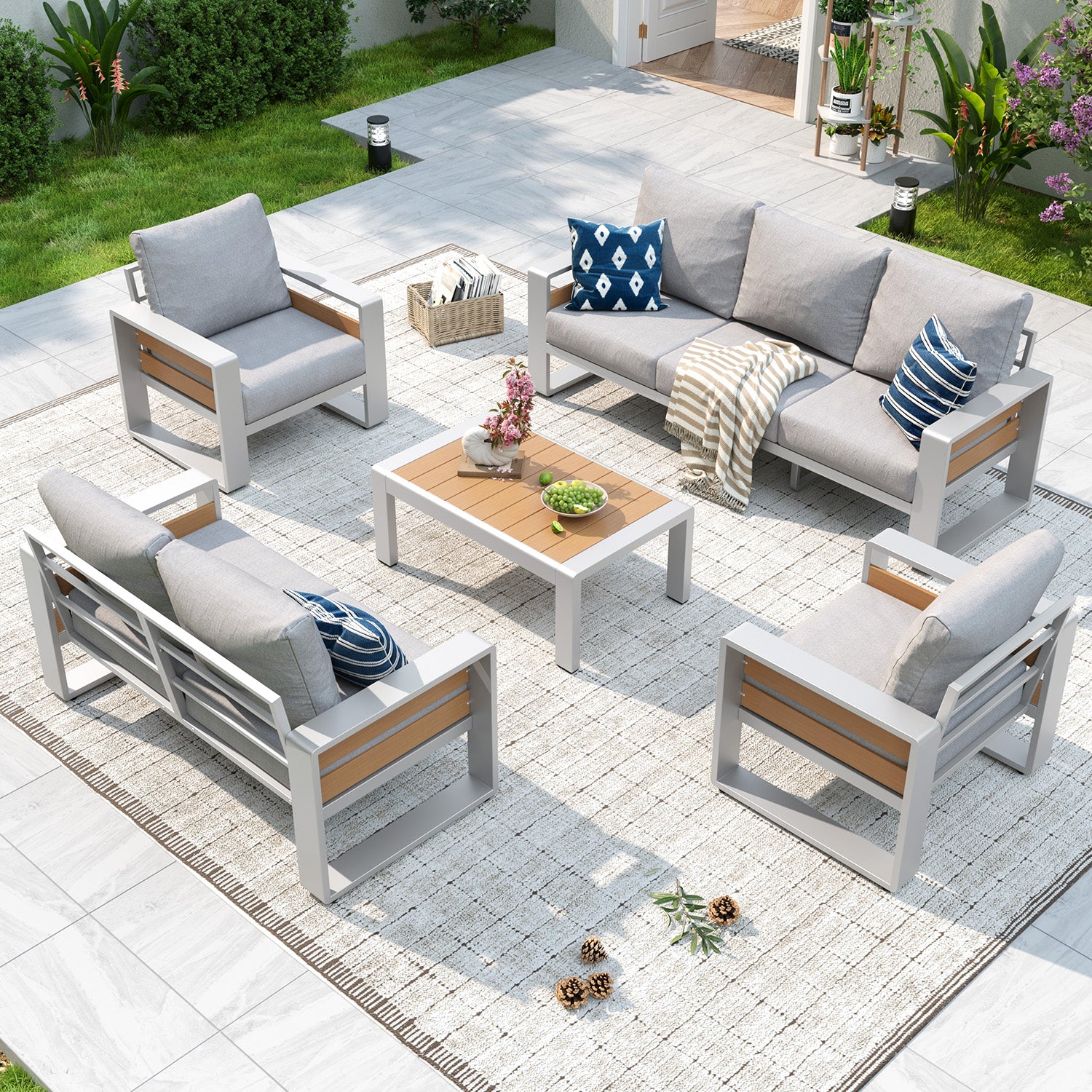 Aoxun Aluminum Patio Furniture Set, 5 Piece Luxury Outdoor Sectional with 6" Olefin Fabric Cushions, patio Conversation Sets with Coffee Table and Waterproof Cover for Backyard, Porch Dark Grey