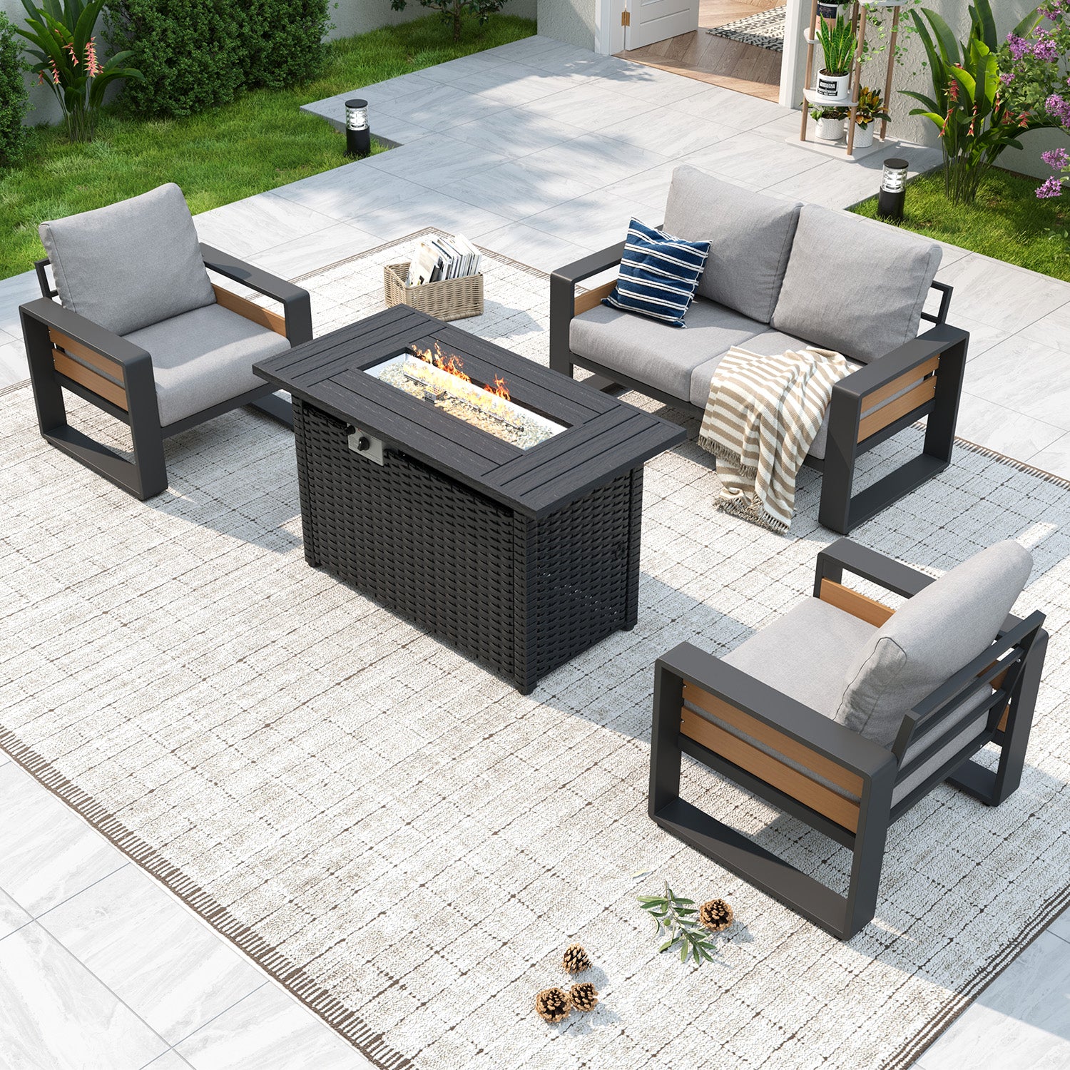 Aoxun Aluminum Patio Furniture Set, 5 Piece Luxury Outdoor Sectional with 6" Olefin Fabric Cushions, patio Conversation Sets with Coffee Table and Waterproof Cover for Backyard, Porch Dark Grey