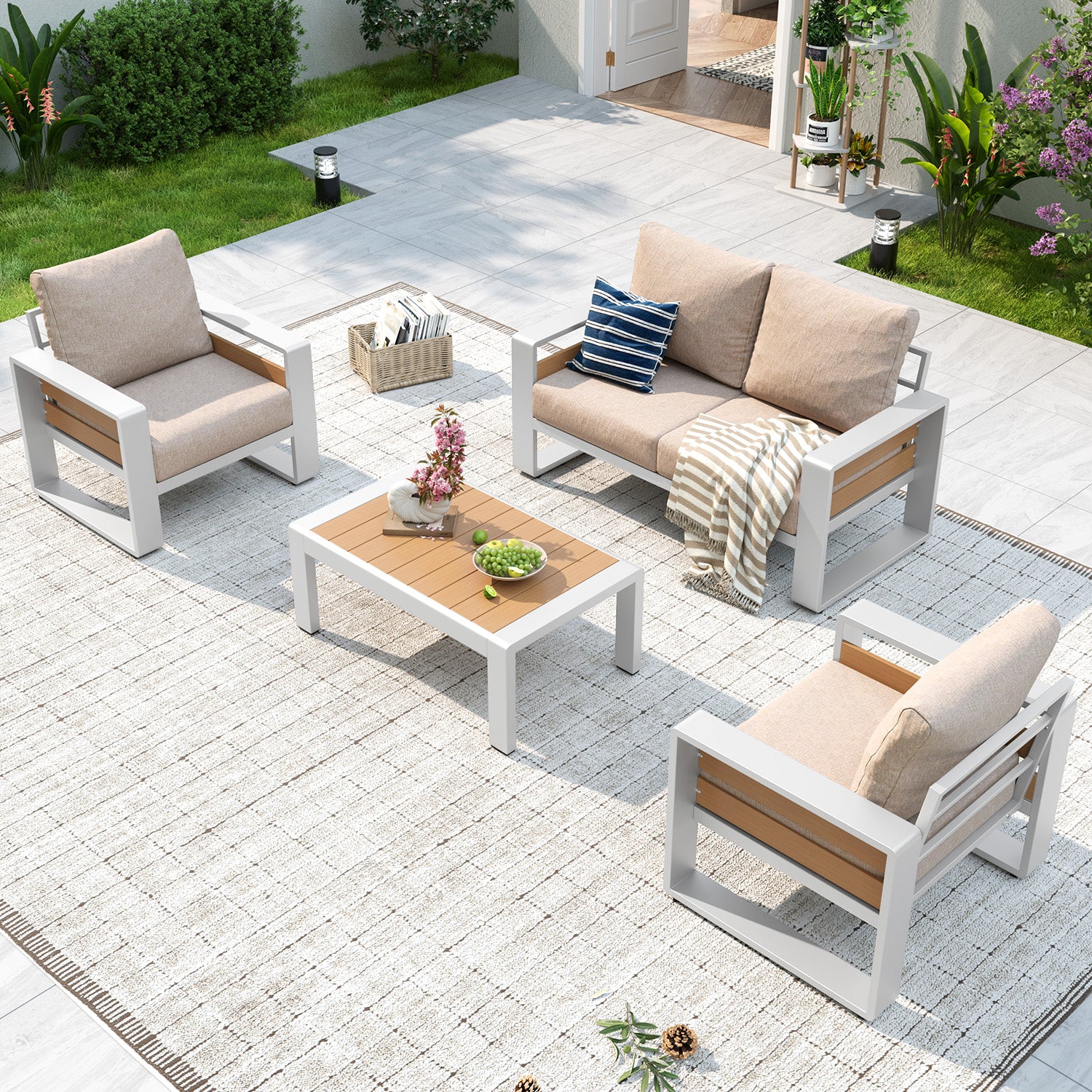 Aoxun Aluminum Patio Furniture Set, 5 Piece Luxury Outdoor Sectional with 6" Olefin Fabric Cushions, patio Conversation Sets with Coffee Table and Waterproof Cover for Backyard, Porch Dark Grey