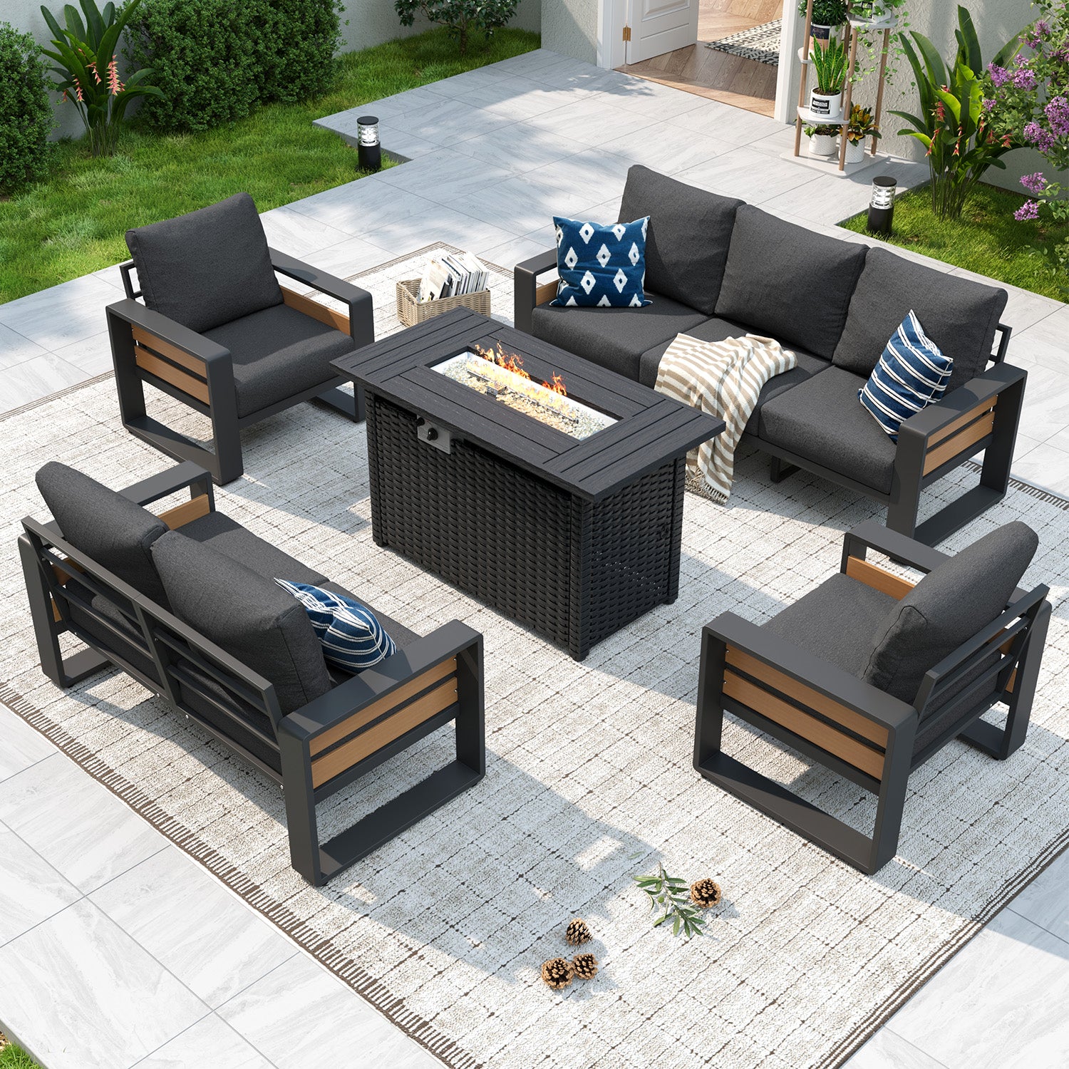 Aoxun Aluminum Patio Furniture Set, 5 Piece Luxury Outdoor Sectional with 6" Olefin Fabric Cushions, patio Conversation Sets with Coffee Table and Waterproof Cover for Backyard, Porch Dark Grey