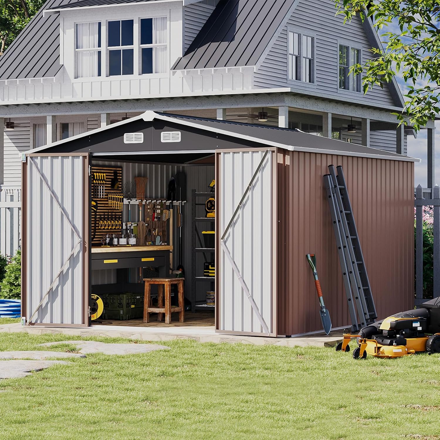 Utility Metal Shed, Steel Tool Shed with Air Vent and Lockable Door