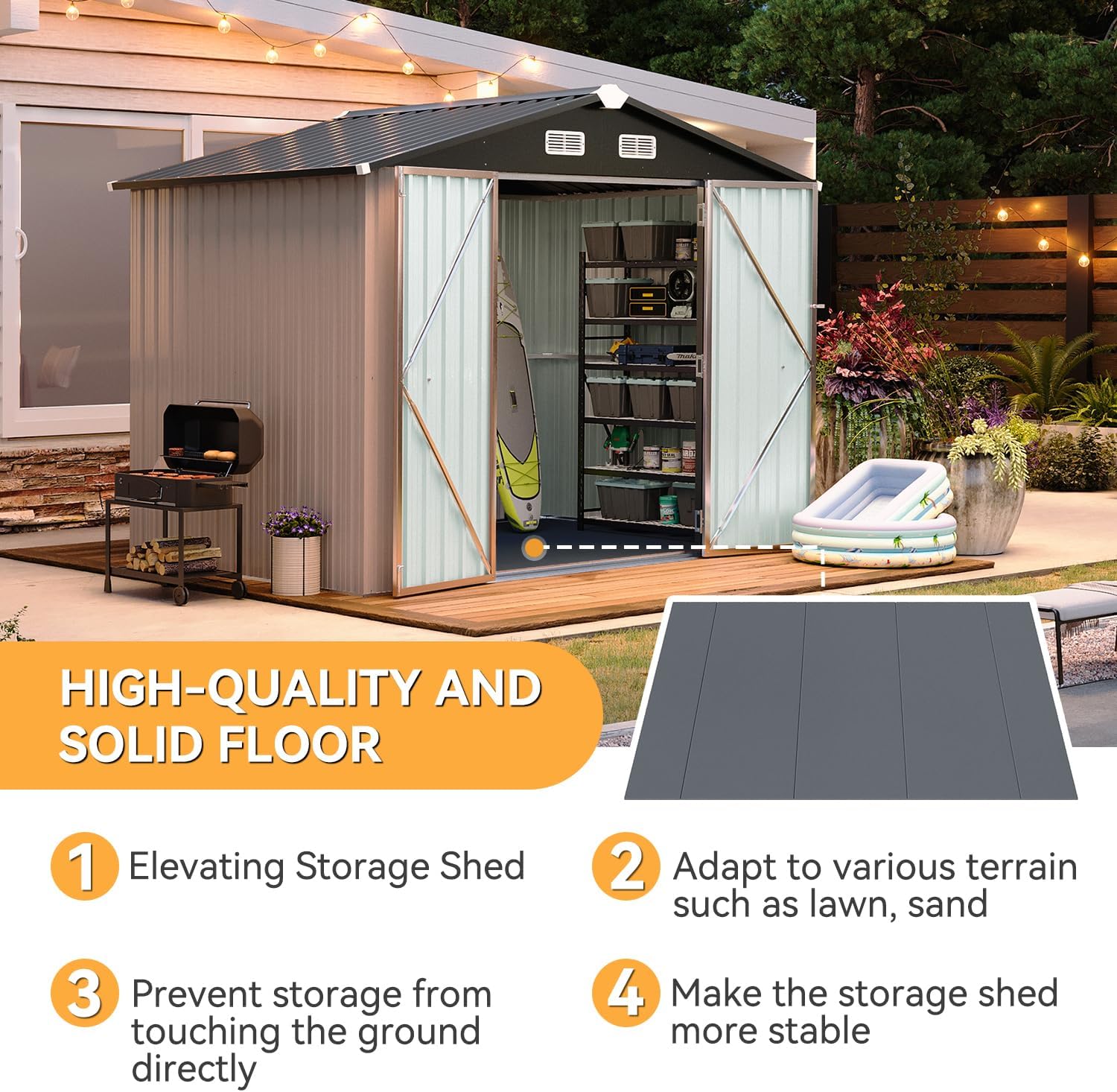 Aoxun 7.3'x5.3' Shed with Floor Galvanized Steel Outdoor Storage Shed Brown | Metal Garden Shed with Double Doors, Moisture-Proof Floor & Ventilation, Sloped Roof for Garden, Patio, Backyard