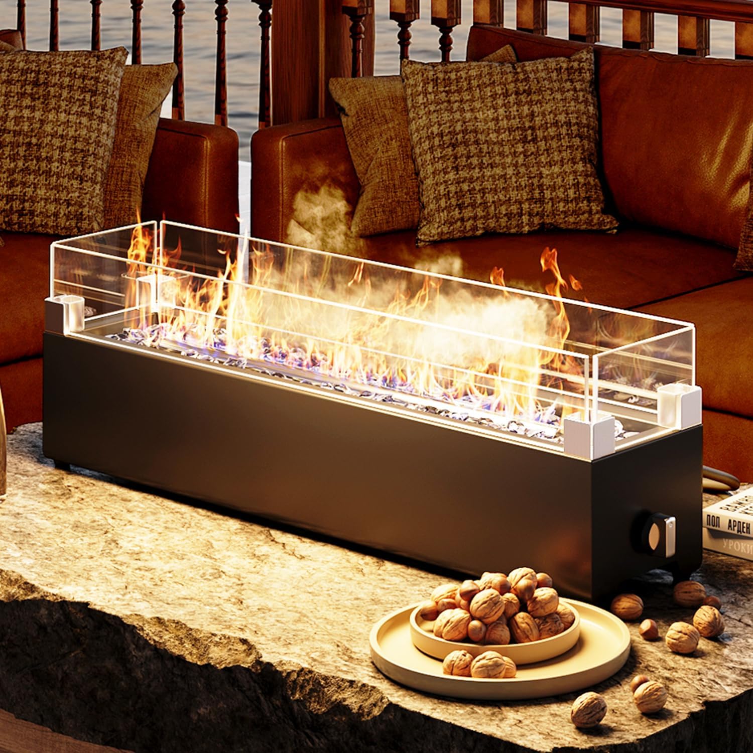 28” Tabletop Propane Fire Pit, 40,000 BTU, Portable Outdoor Fireplace with Glass Shield & Rocks