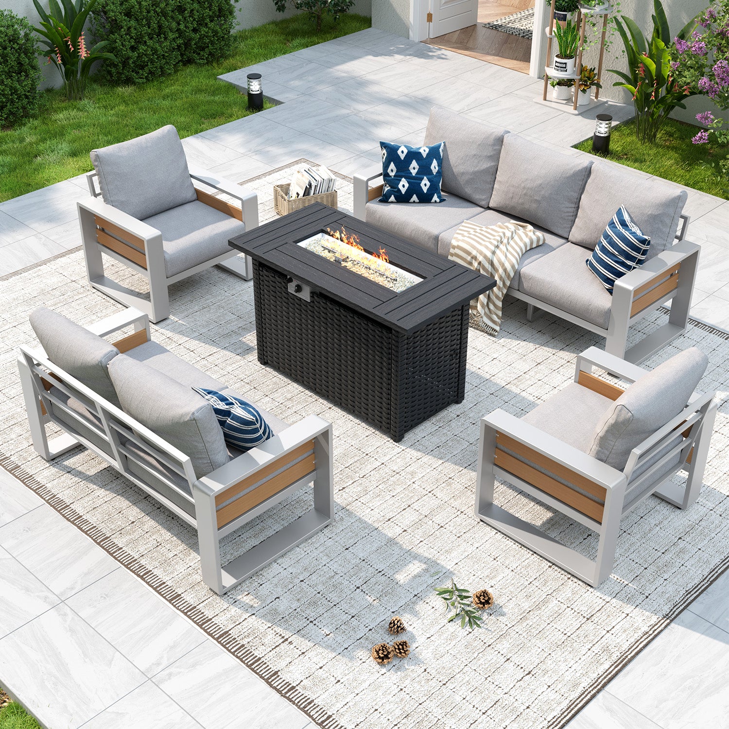 Aoxun Aluminum Patio Furniture Set, 5 Piece Luxury Outdoor Sectional with 6" Olefin Fabric Cushions, patio Conversation Sets with Coffee Table and Waterproof Cover for Backyard, Porch Dark Grey