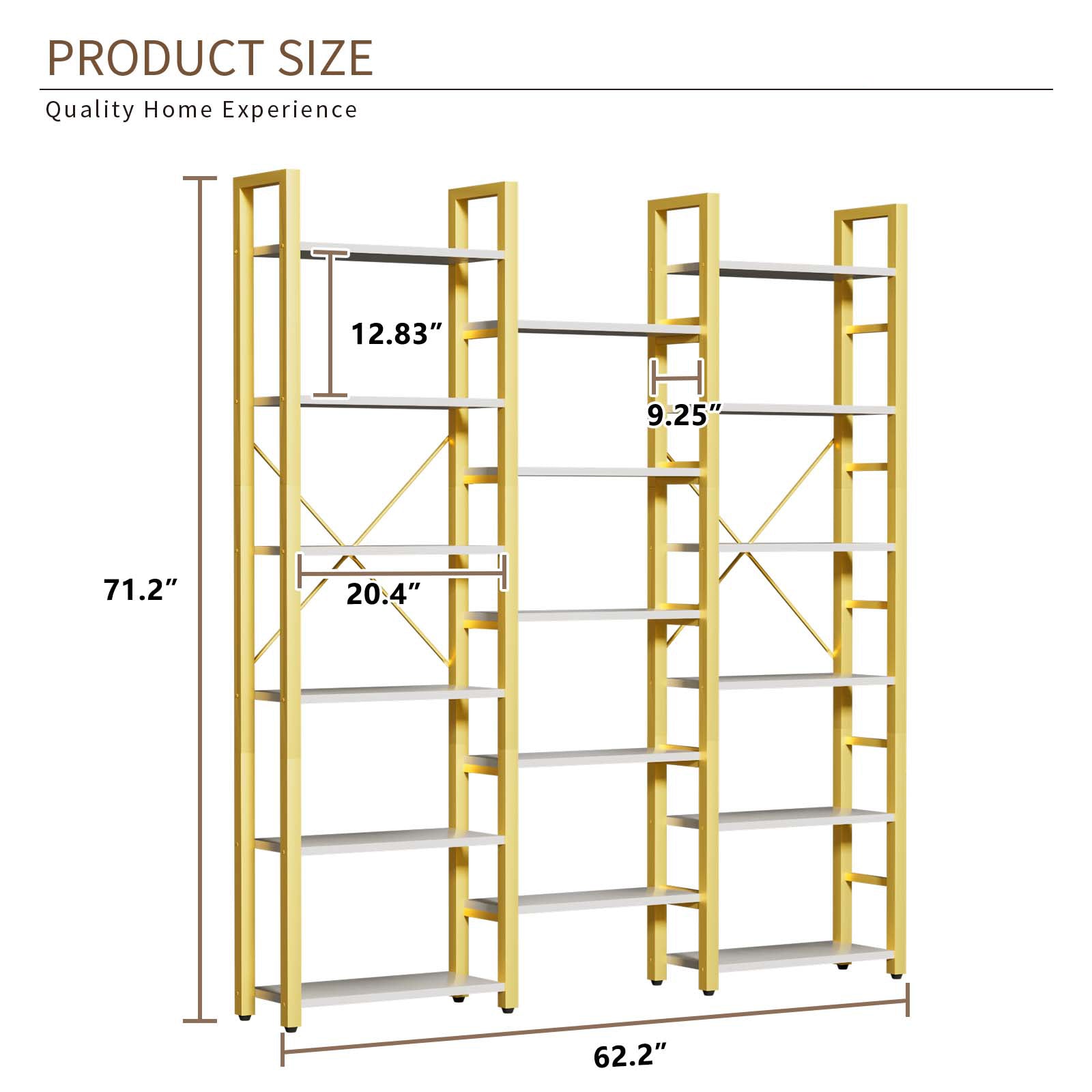 6 Tiers Triple Wide Corner Bookcase with 17 High Quality Solid Open Shelves, Gold