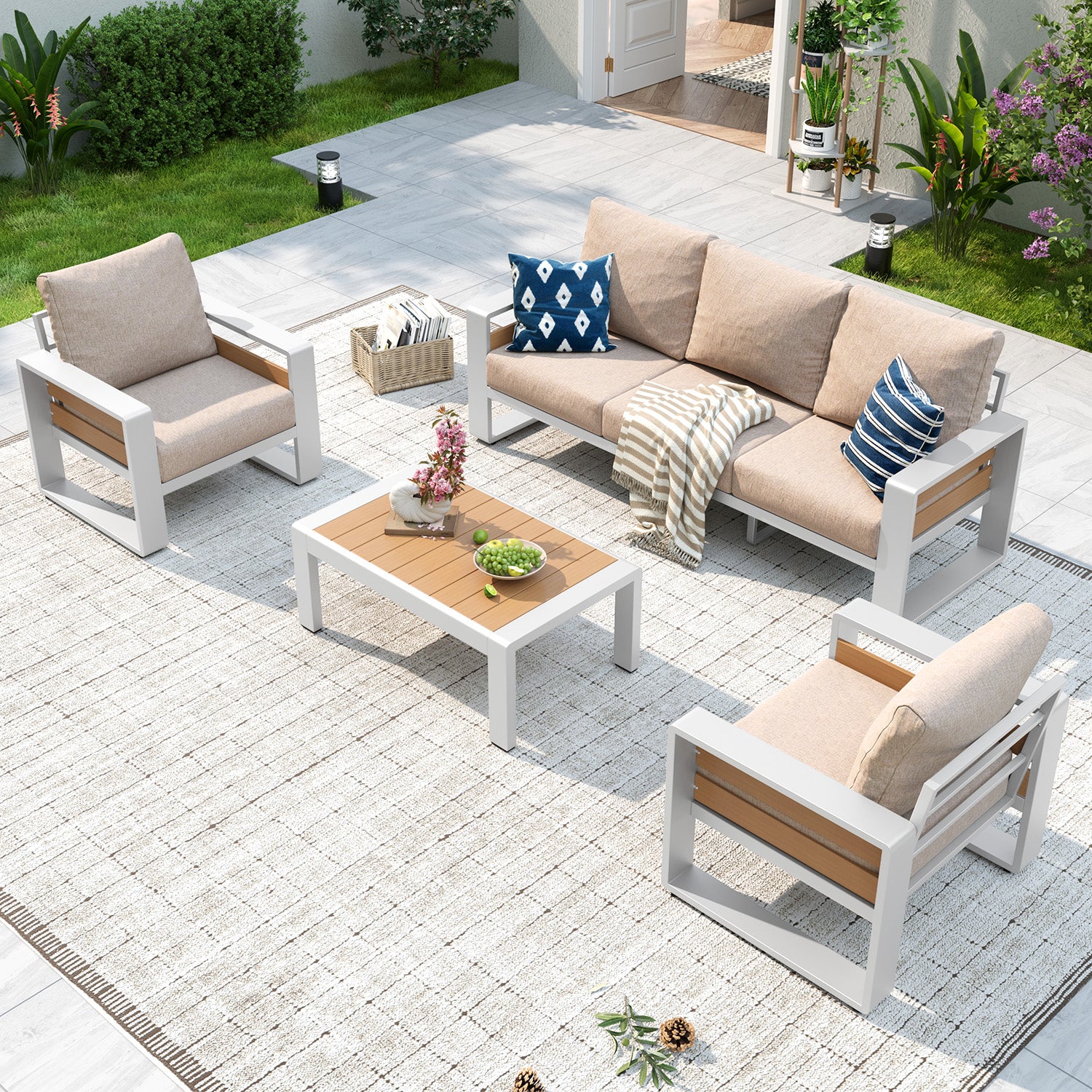 Aoxun Aluminum Patio Furniture Set, 5 Piece Luxury Outdoor Sectional with 6" Olefin Fabric Cushions, patio Conversation Sets with Coffee Table and Waterproof Cover for Backyard, Porch Dark Grey