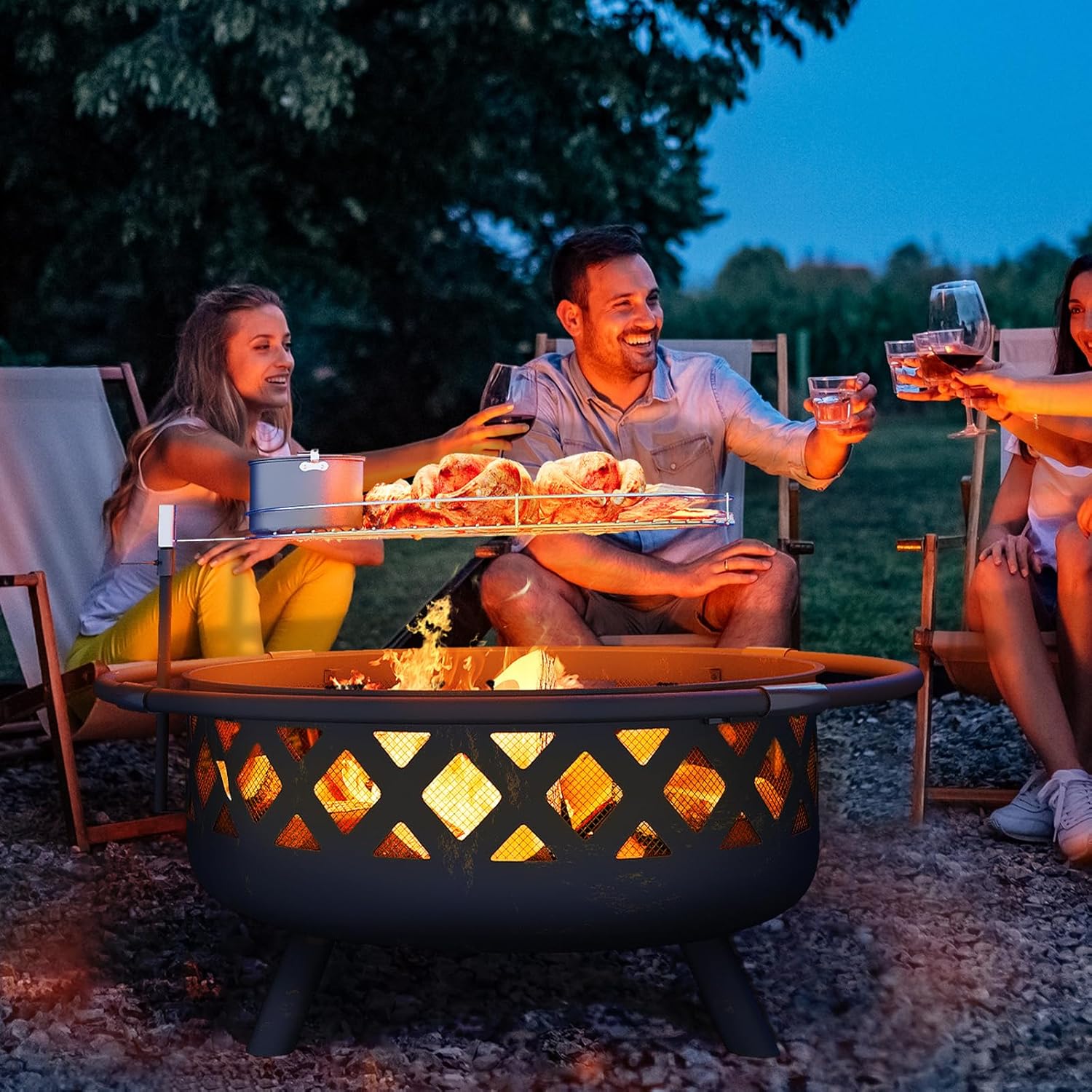 Fire Pit with Cooking Grate Grill, Outdoor Wood Burning Fire Pit with Cover & Fire Poker