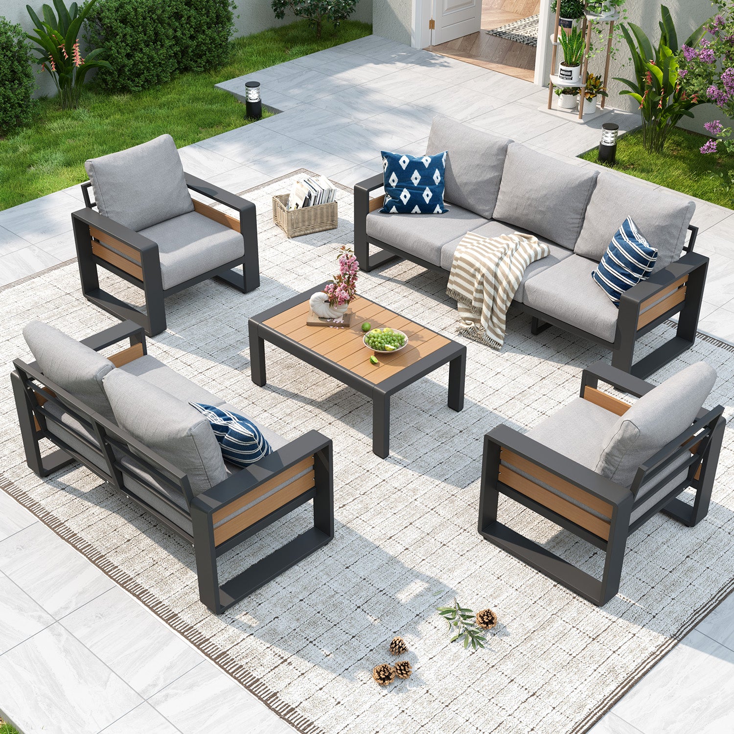 Aoxun Aluminum Patio Furniture Set, 5 Piece Luxury Outdoor Sectional with 6" Olefin Fabric Cushions, patio Conversation Sets with Coffee Table and Waterproof Cover for Backyard, Porch Dark Grey