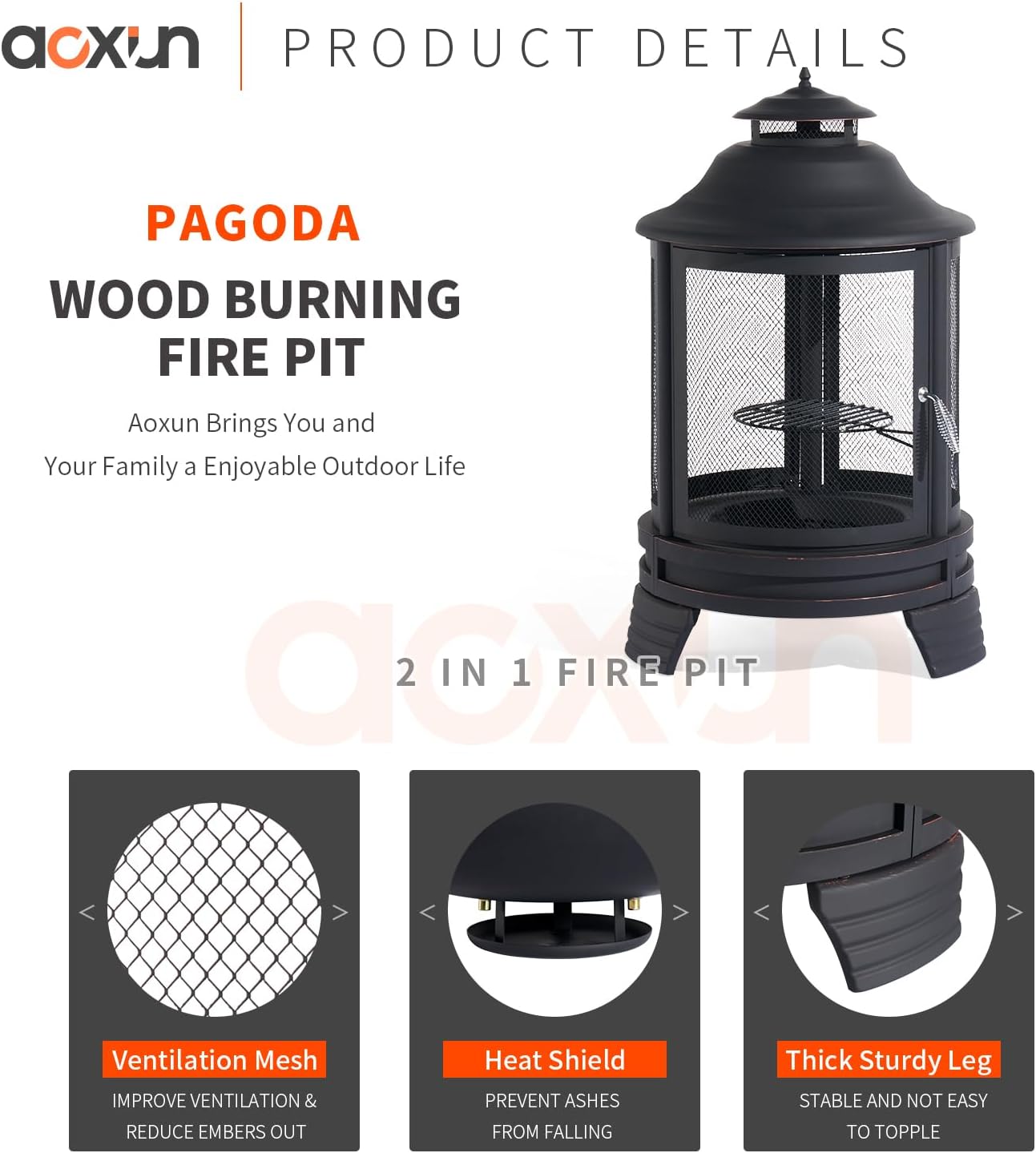 Fire Pit with Cooking Grate Grill, Outdoor Wood Burning Fire Pit with Cover & Fire Poker