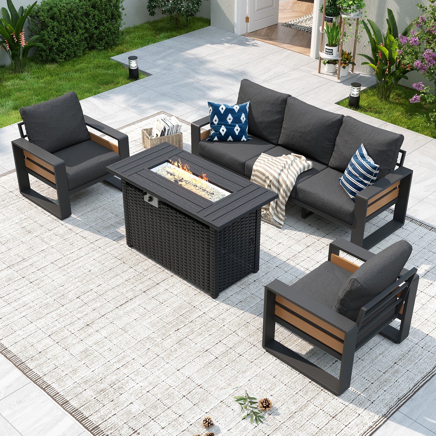 Aoxun Aluminum Patio Furniture Set, 5 Piece Luxury Outdoor Sectional with 6" Olefin Fabric Cushions, patio Conversation Sets with Coffee Table and Waterproof Cover for Backyard, Porch Dark Grey