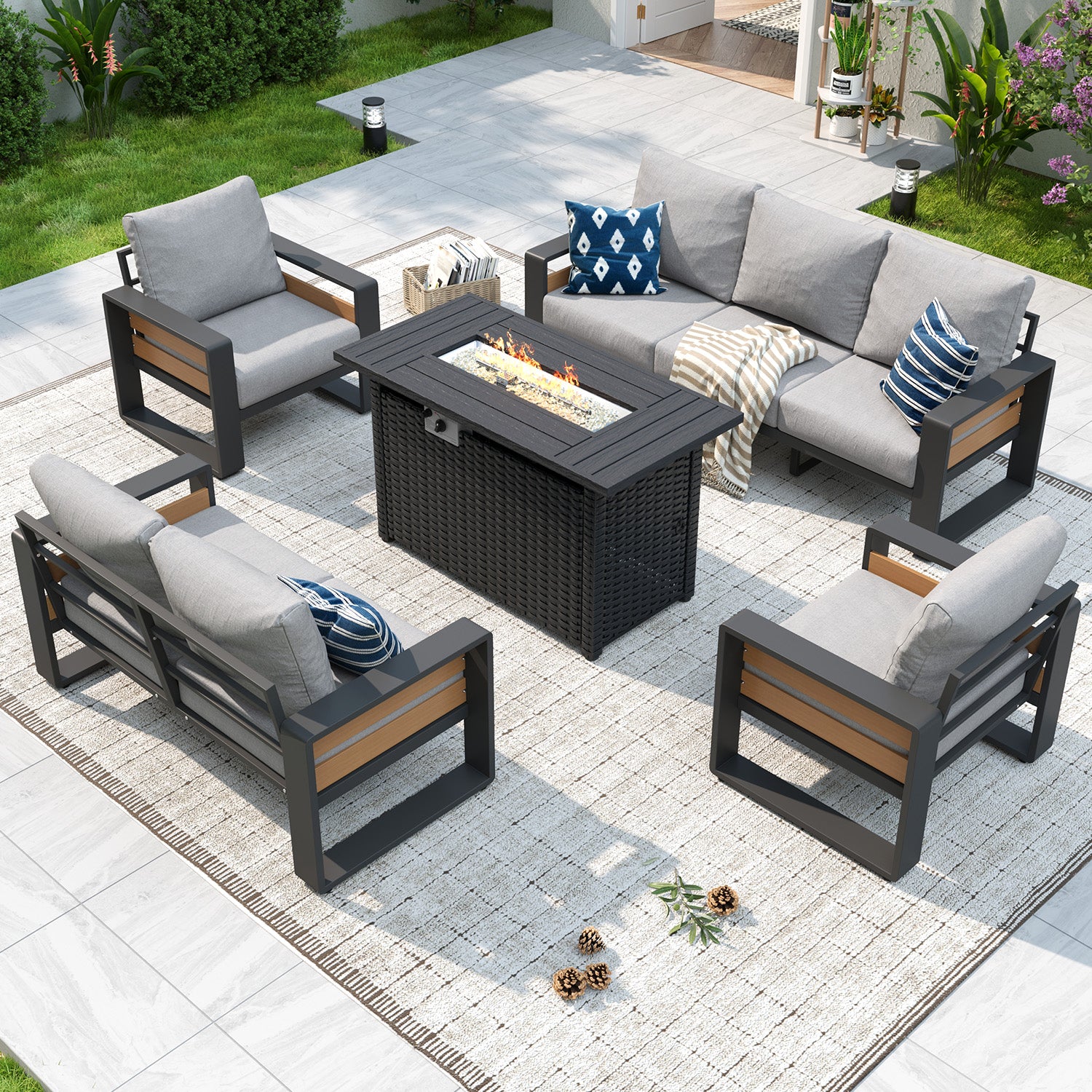 Aoxun Aluminum Patio Furniture Set, 5 Piece Luxury Outdoor Sectional with 6" Olefin Fabric Cushions, patio Conversation Sets with Coffee Table and Waterproof Cover for Backyard, Porch Dark Grey