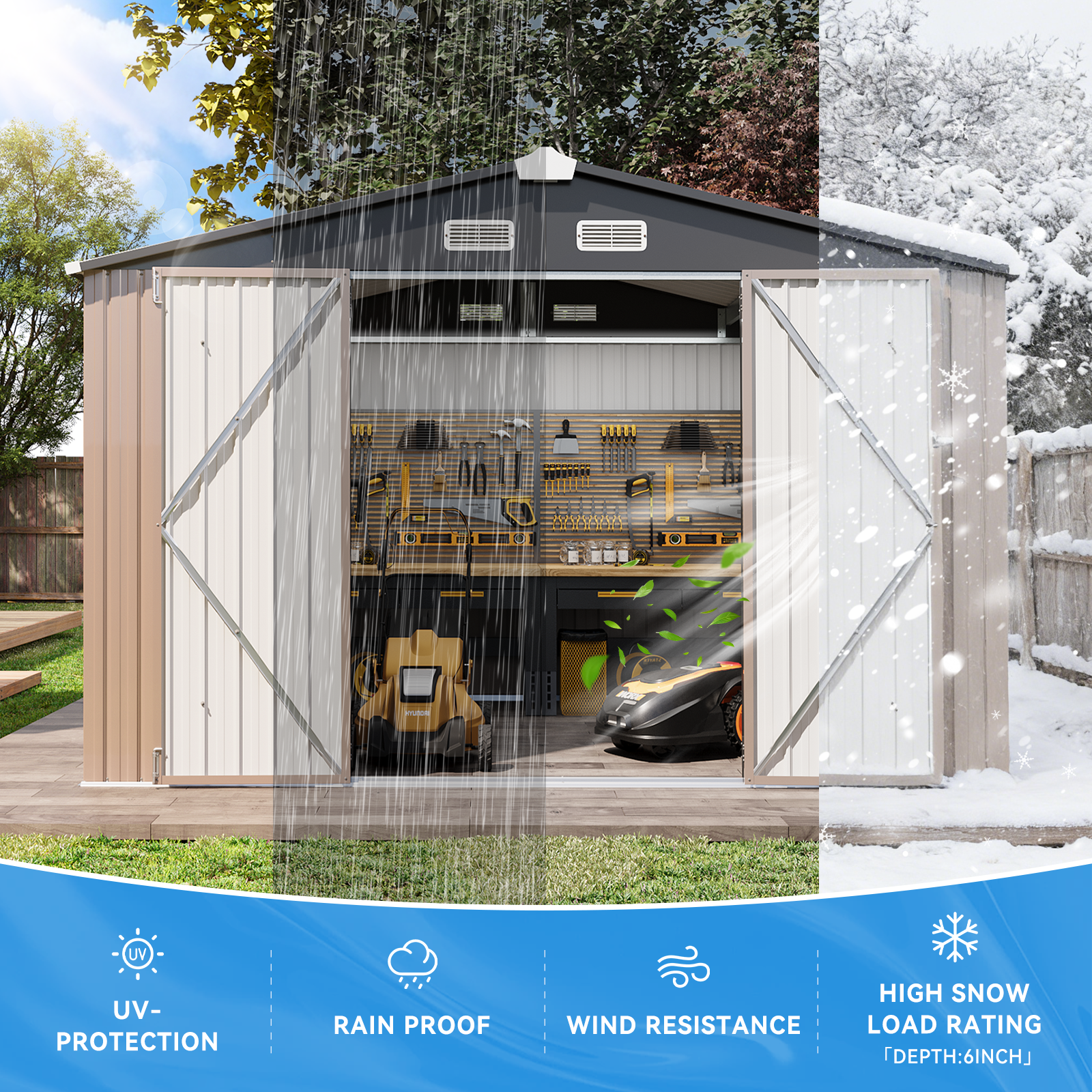 Aoxun Outdoor Storage Shed with Floor - 10x8 FT Metal Shed with Lockable Doors & Air Vents, Waterproof Outside Storage Shed for Tool, Garbage Can, Bike, Mower, for Backyard Garden Patio, Brown