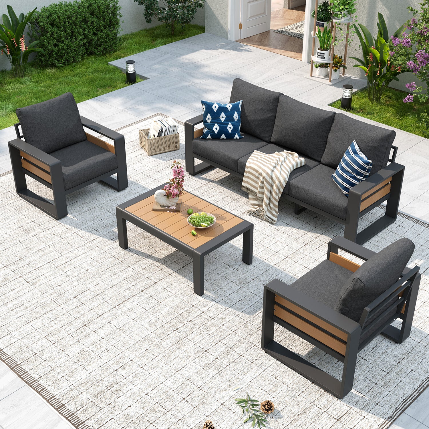 Aoxun Aluminum Patio Furniture Set, 5 Piece Luxury Outdoor Sectional with 6" Olefin Fabric Cushions, patio Conversation Sets with Coffee Table and Waterproof Cover for Backyard, Porch Dark Grey