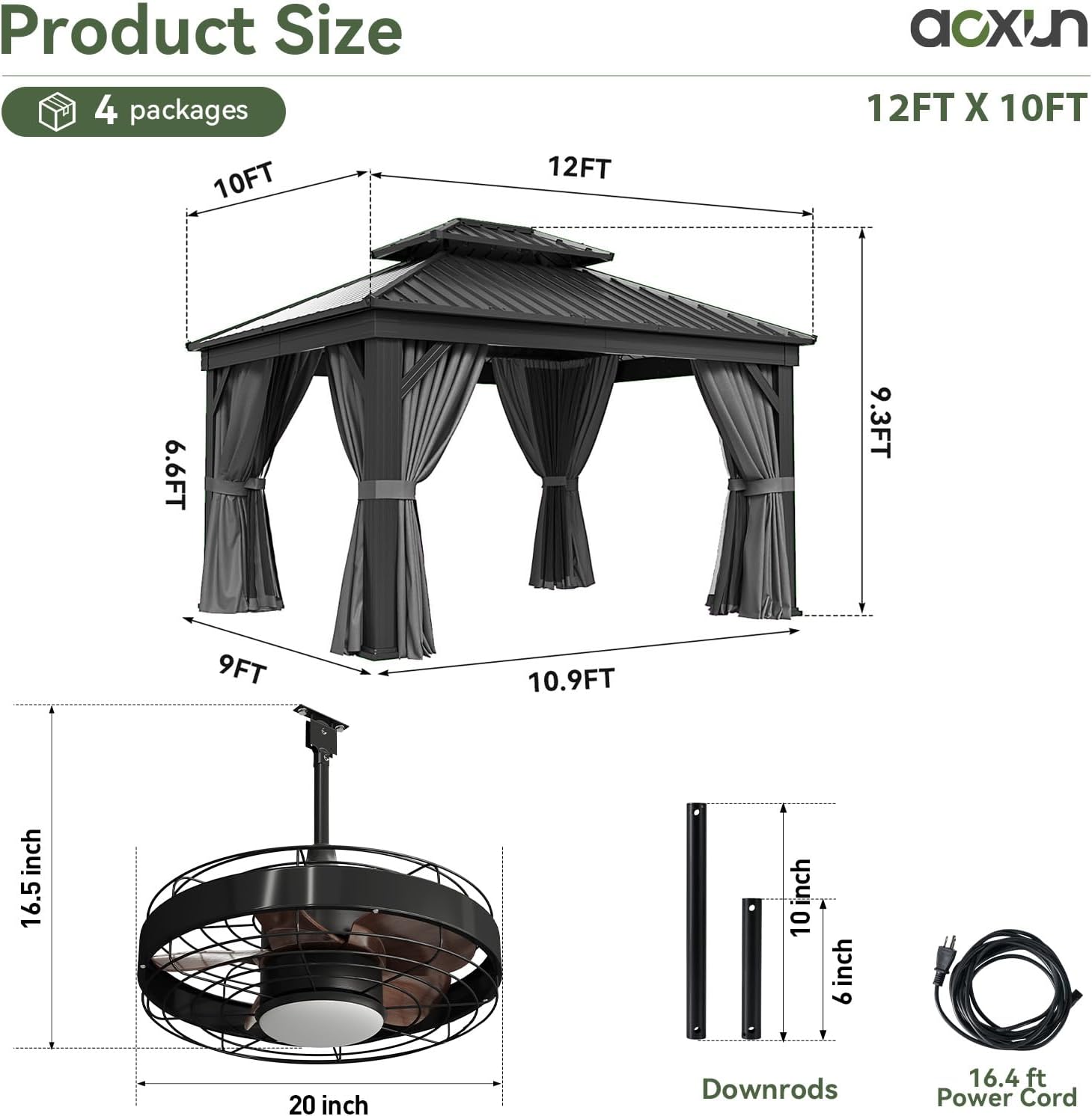 Aoxun 12' X 20' Hardtop Gazebo, Aluminum Outdoor Gazebo with Galvanized Steel Double Roof Canopy, Permanent Metal Pavilion with Privacy Curtain and Netting, for Poolside, Backyard, Square Foundation