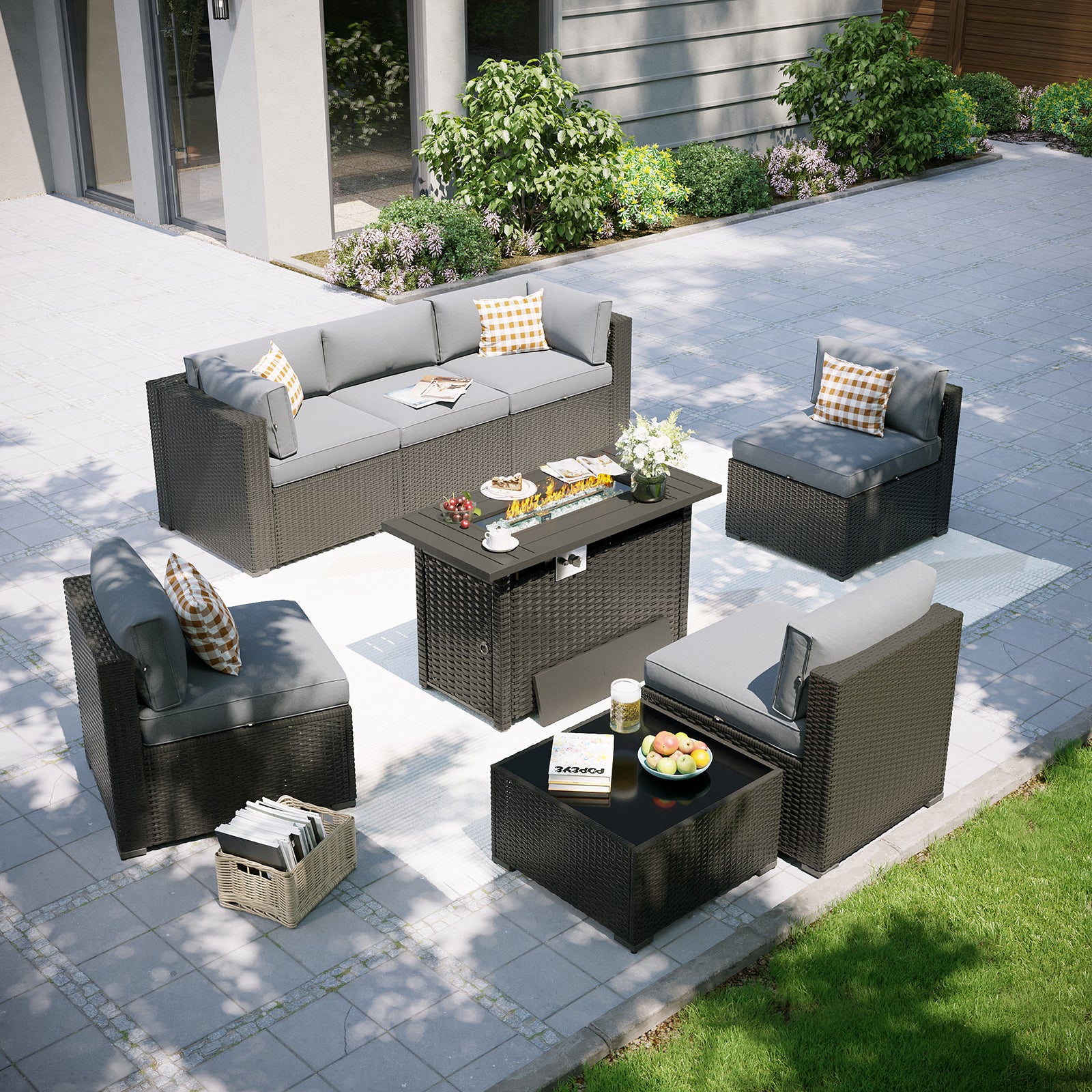 Aoxun Patio Furniture Set, 7 Piece Outdoor Sectional Sofas with Waterprool Cover, Wicker Rattan Outdoor Furniture Patio Conversation Set for Backyard, Garden Peacock Blue
