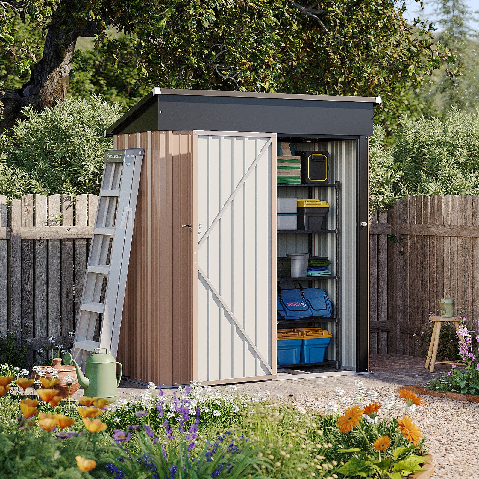 Aoxun 4.9x2.9 FT Outdoor Storage Shed - Metal Garden Shed with Base, Waterproof Garden Tool Shed with Lockable Doors, Perfect for Backyard, Patio, Poolside