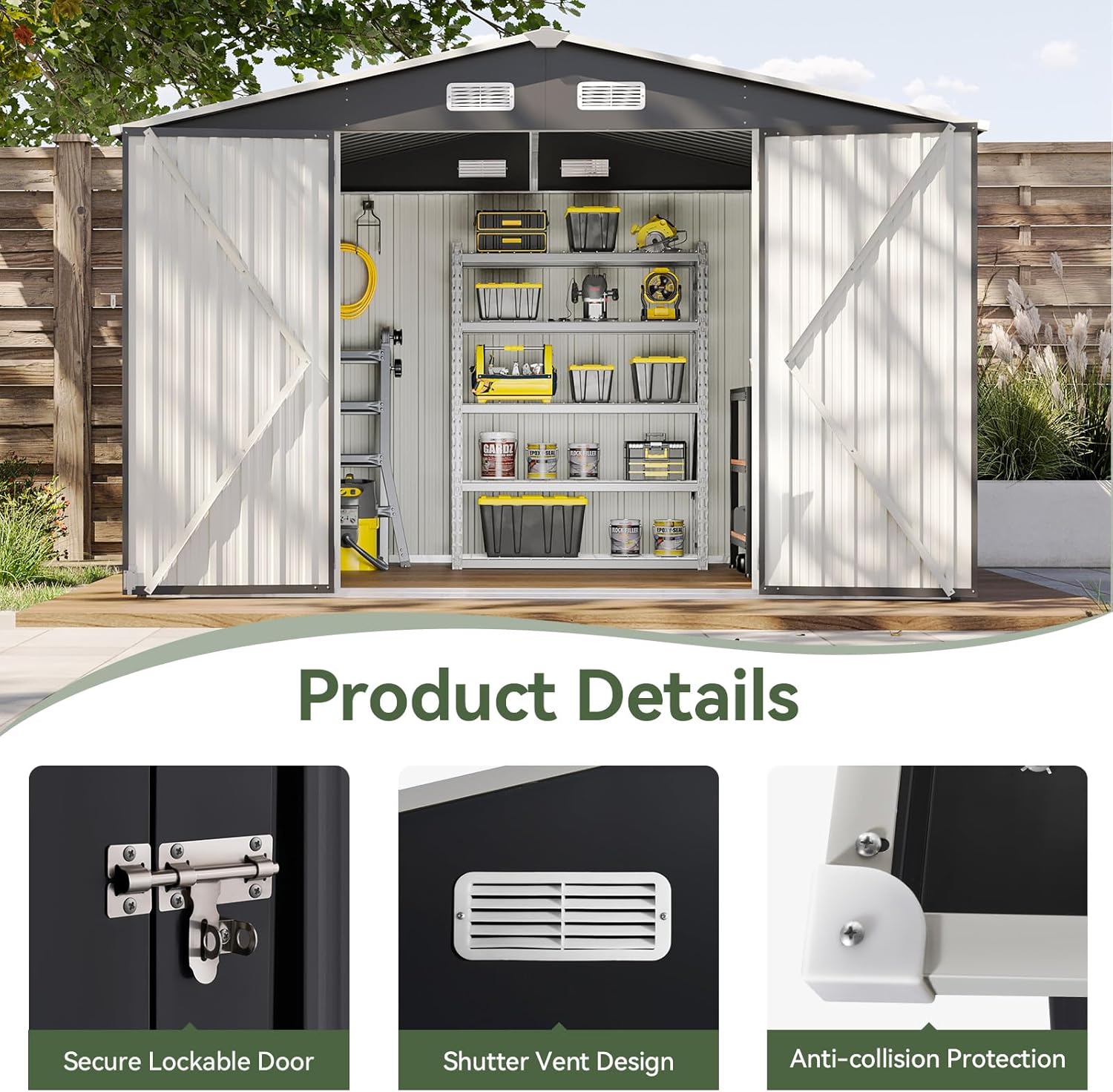 Utility Metal Shed, Steel Tool Shed with Air Vent and Lockable Door