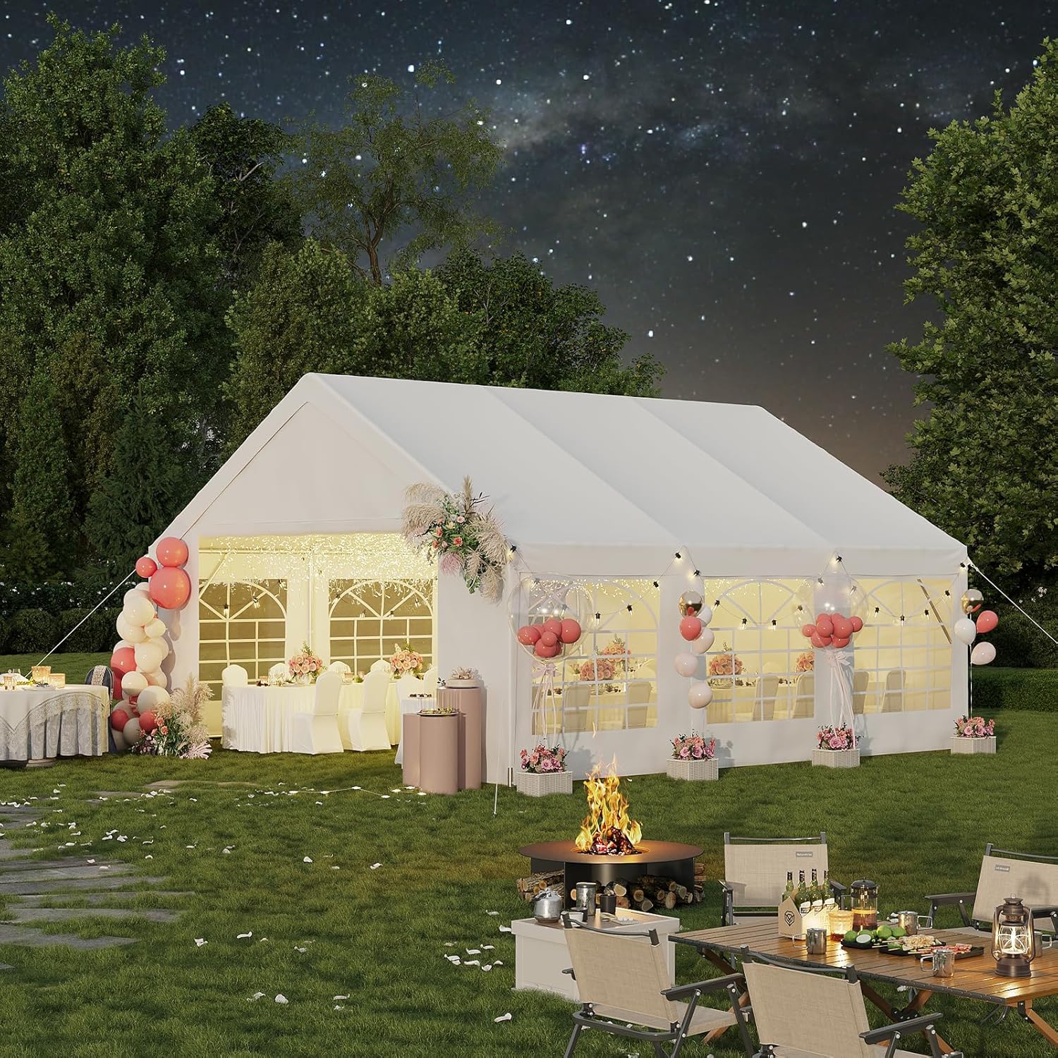 Aoxun Party Tent Canopy for Weddings Waterproof Event Tent with Removable Sidewalls &Roll-up Door, Heavy-Duty Steel Frame for Outdoor Weddings, BBQ, Birthday Parties, & Camping,White