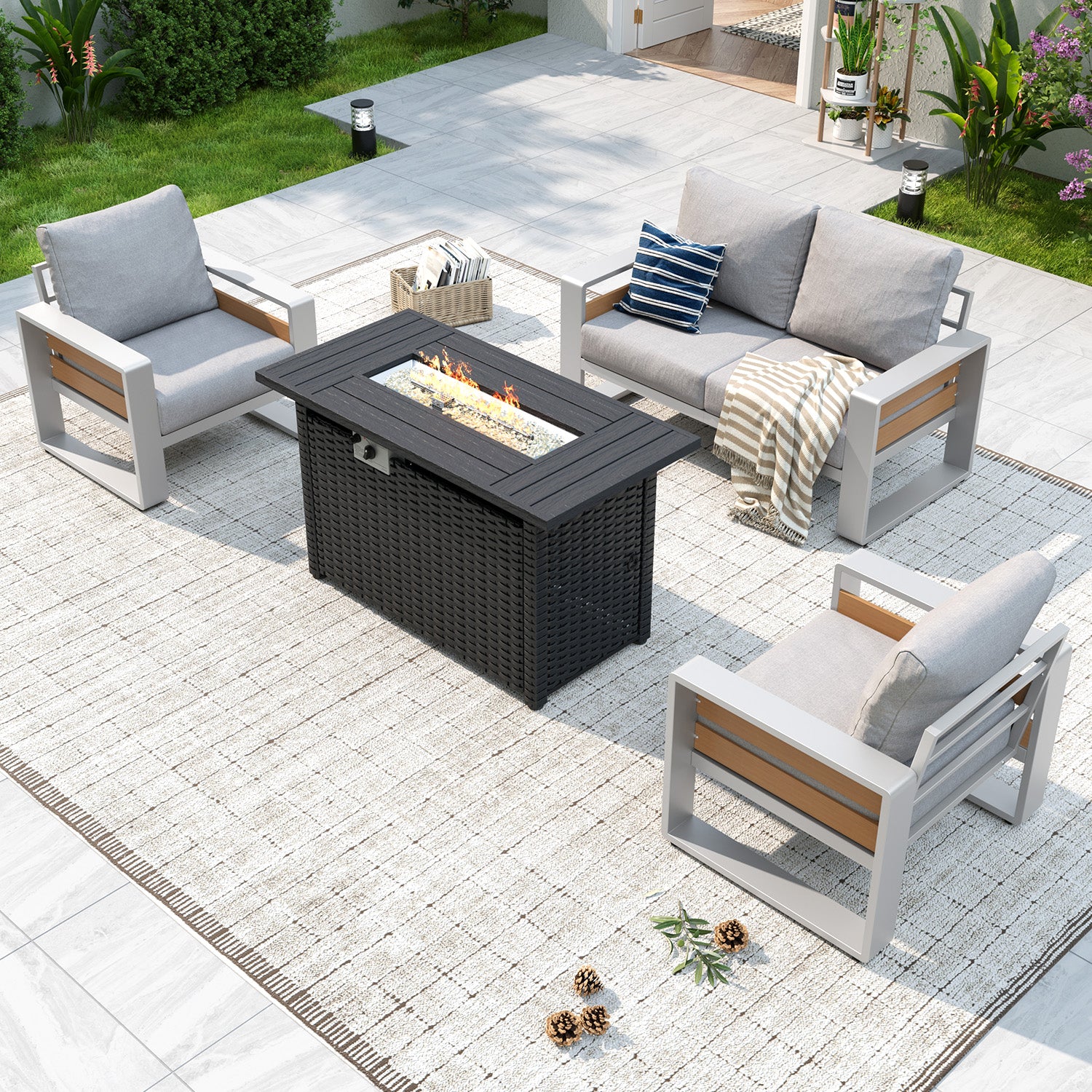 Aoxun Aluminum Patio Furniture Set, 5 Piece Luxury Outdoor Sectional with 6" Olefin Fabric Cushions, patio Conversation Sets with Coffee Table and Waterproof Cover for Backyard, Porch Dark Grey