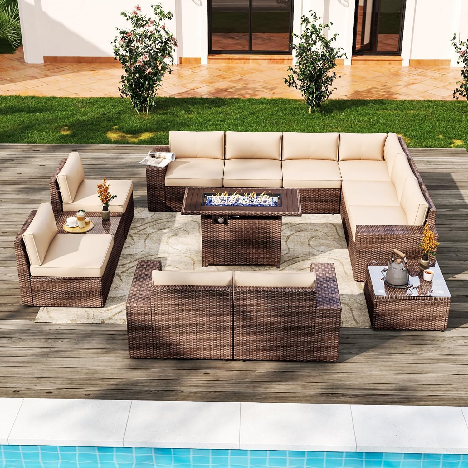 13pcs Patio Furniture Set with Fire Pit Table, Outside Rattan Sectional Sofa With 2 Coffee Table, Beige(with Waterproof Cover)