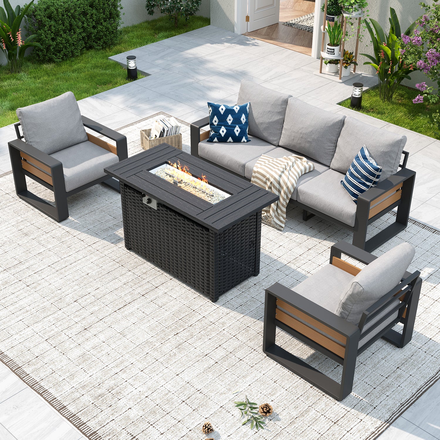 Aoxun Aluminum Patio Furniture Set, 5 Piece Luxury Outdoor Sectional with 6" Olefin Fabric Cushions, patio Conversation Sets with Coffee Table and Waterproof Cover for Backyard, Porch Dark Grey