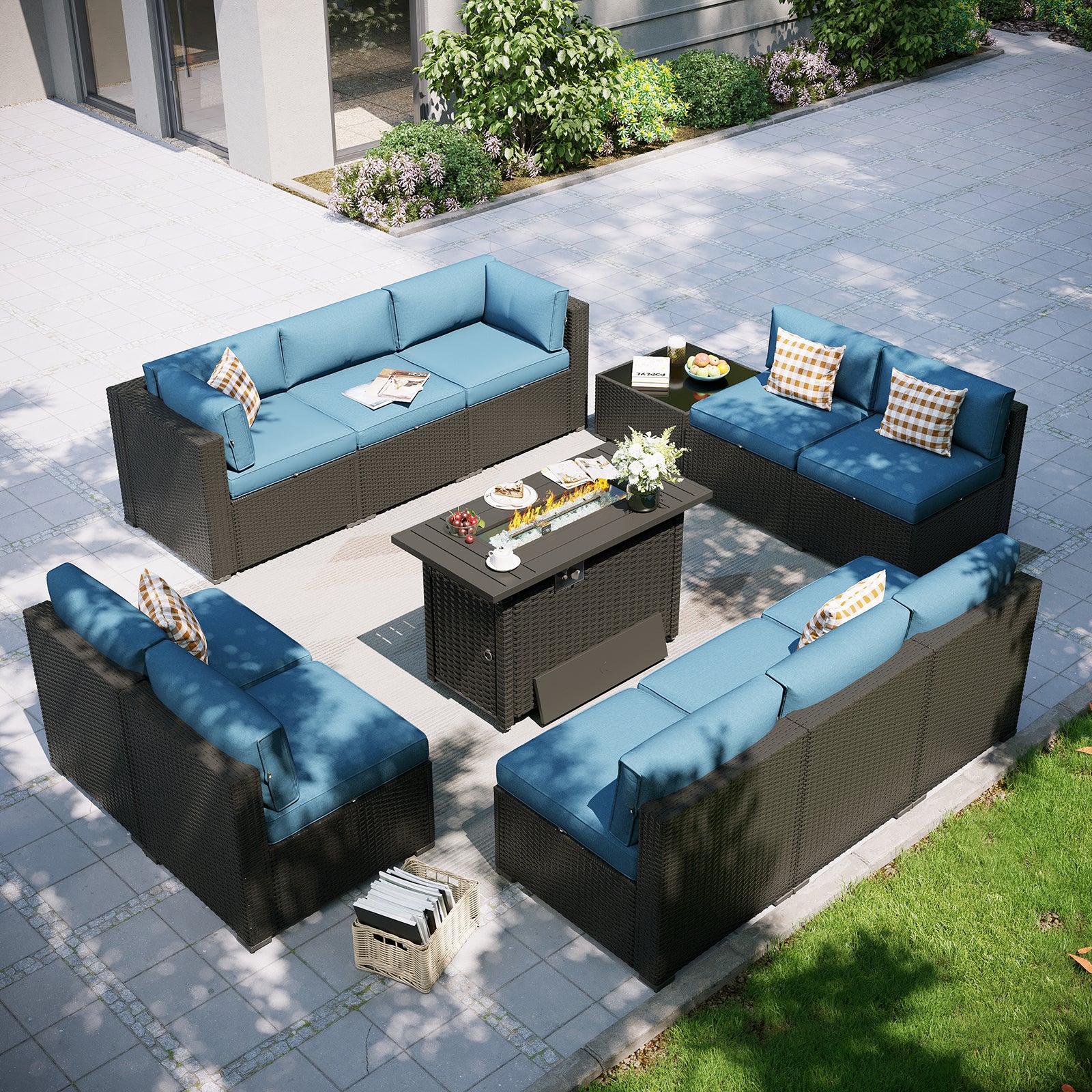 Aoxun Patio Furniture Set, 7 Piece Outdoor Sectional Sofas with Waterprool Cover, Wicker Rattan Outdoor Furniture Patio Conversation Set for Backyard, Garden Peacock Blue