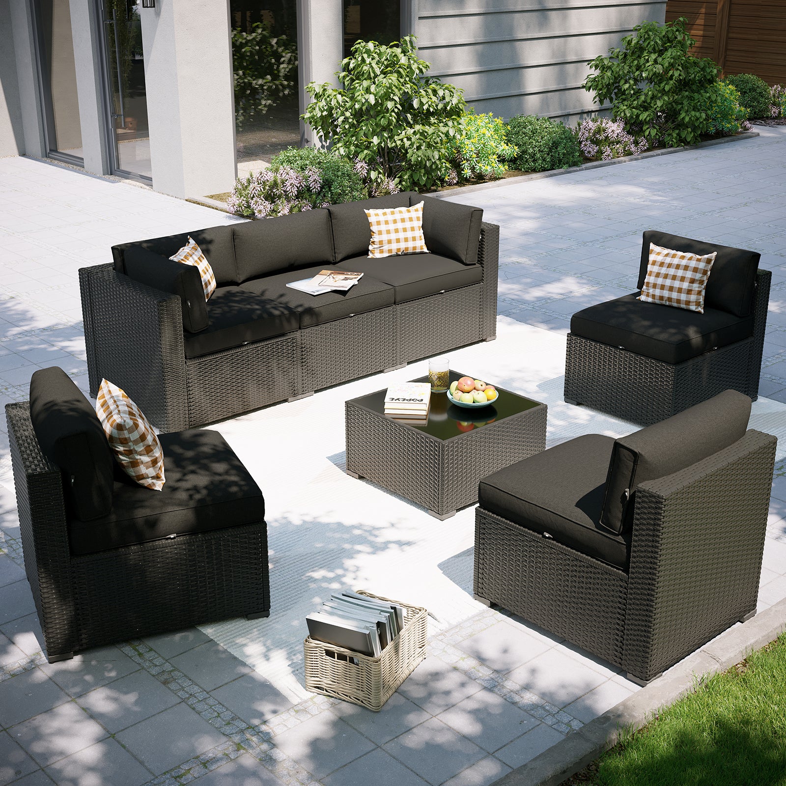 Aoxun Patio Furniture Set, 7 Piece Outdoor Sectional Sofas with Waterprool Cover, Wicker Rattan Outdoor Furniture Patio Conversation Set for Backyard, Garden Peacock Blue