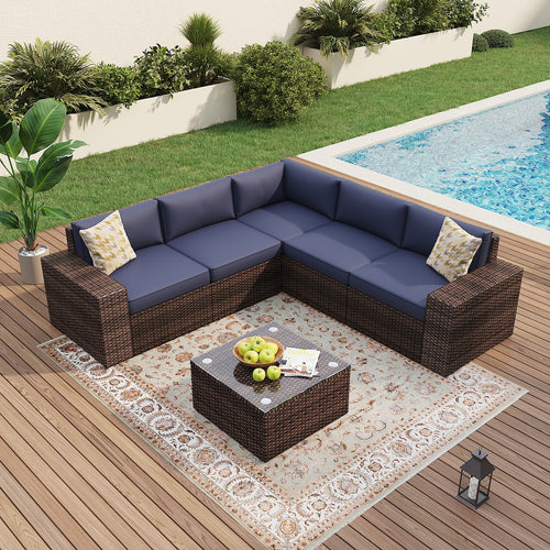 6-Piece Wicker Sectional Sofa Set Outdoor Furniture Rattan Patio Conversation Set with Removable Cushions and Tempered Glass Coffee Table (Blue/Red/Beige)