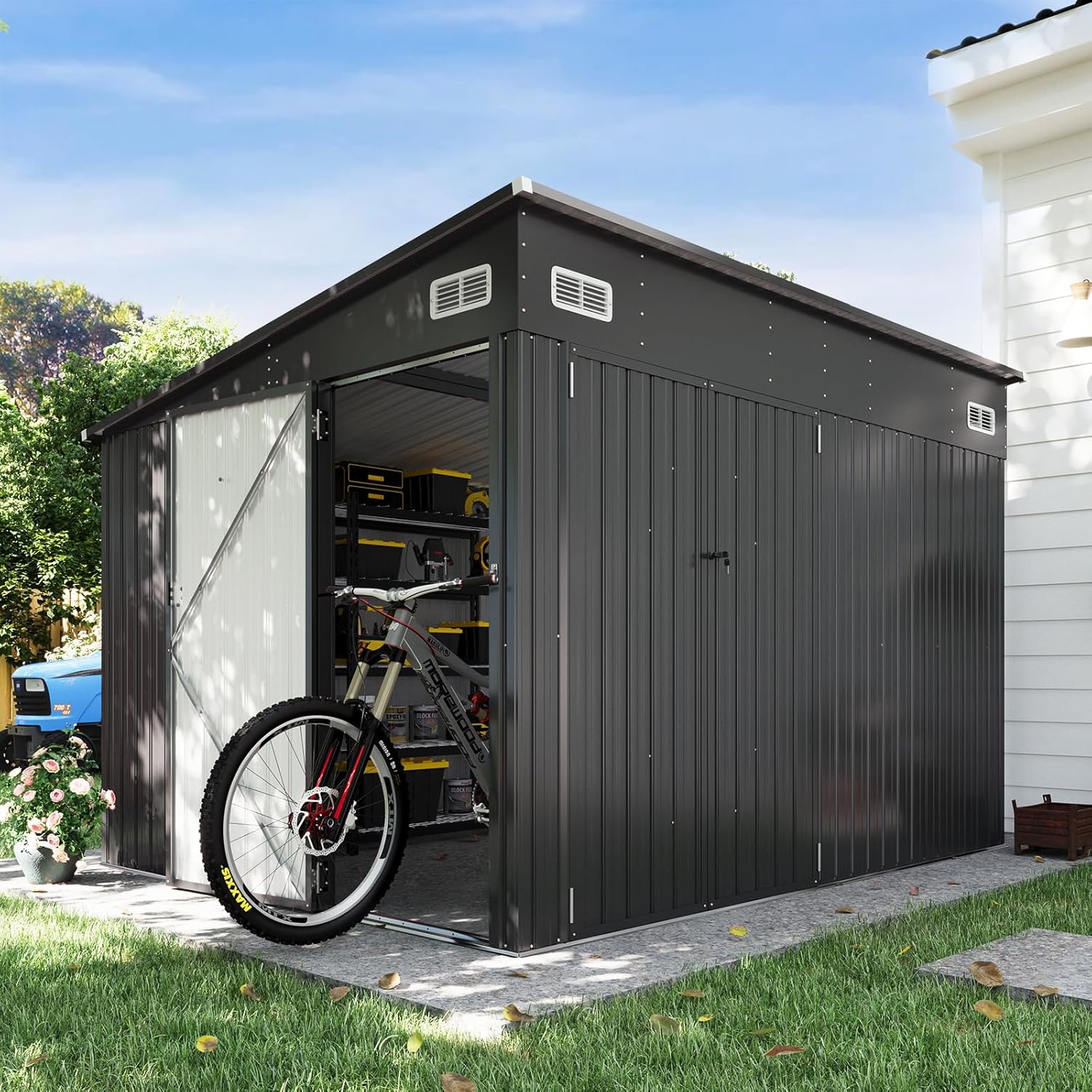 Metal Storage Shed with Triple Lockable Door, Sloped Roof