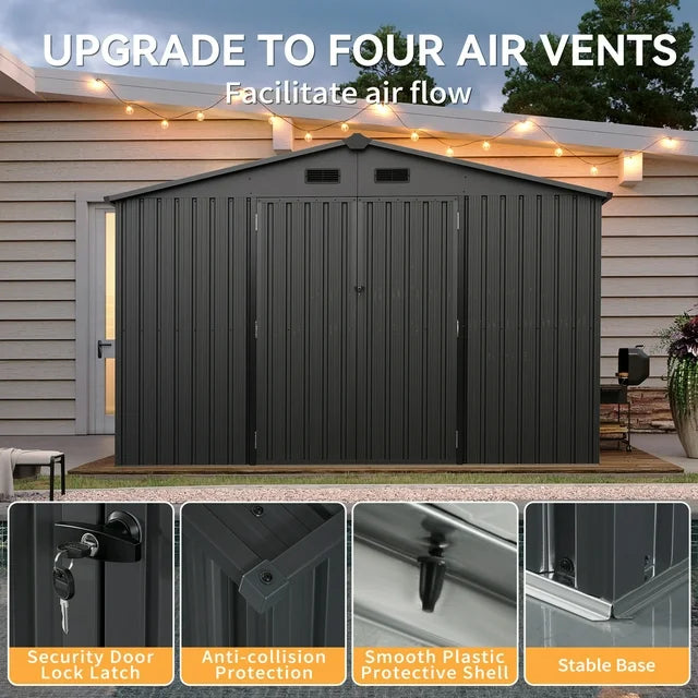 10 x 8 ft Outdoor Storage Shed with Floor, Metal Tool Shed with Door and Lock for Garden,Black