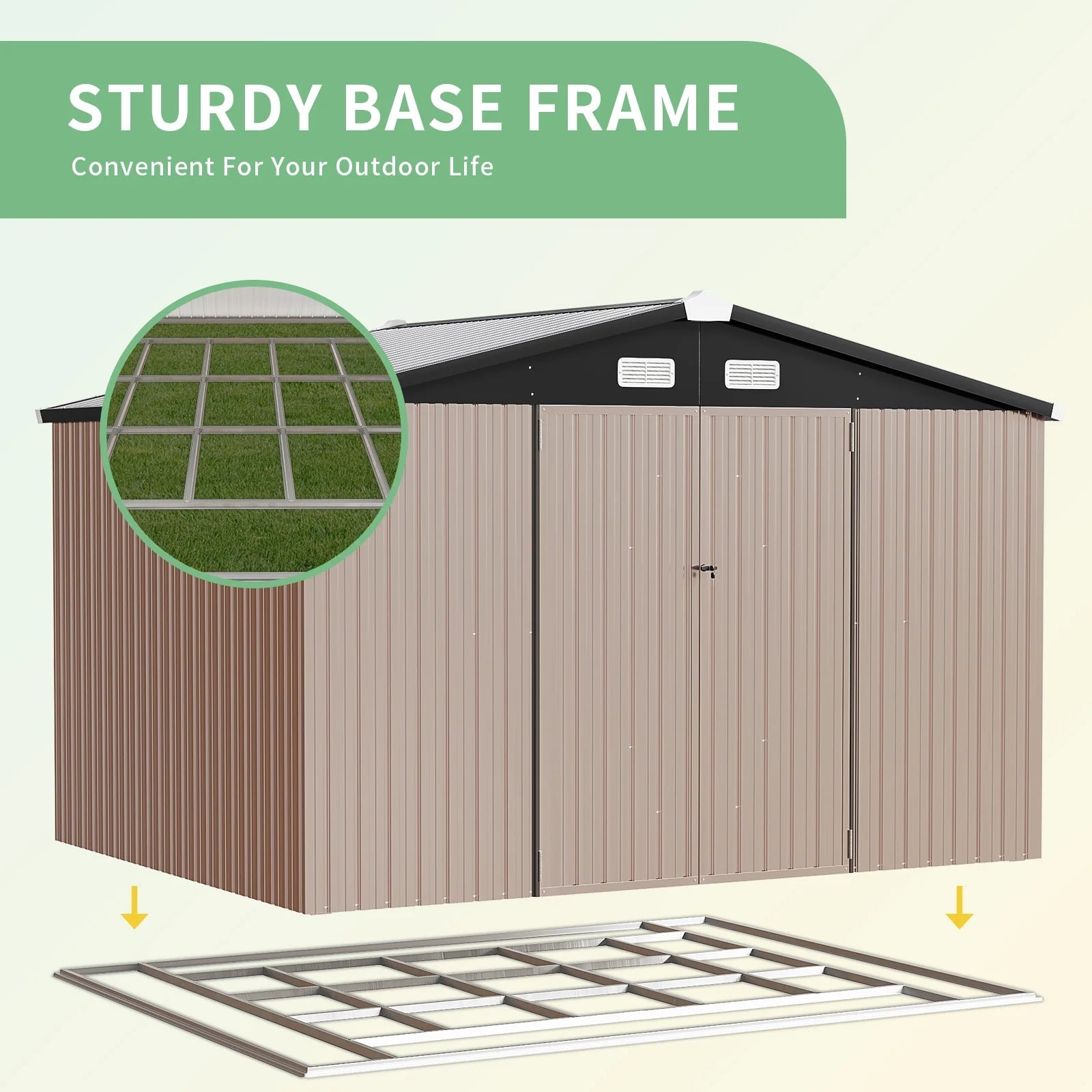 9.7' x 7.6' Outdoor Storage Shed with Base Frame, Metal Garden Shed with Lockable Door for Patio, Backyard(Floor not included)