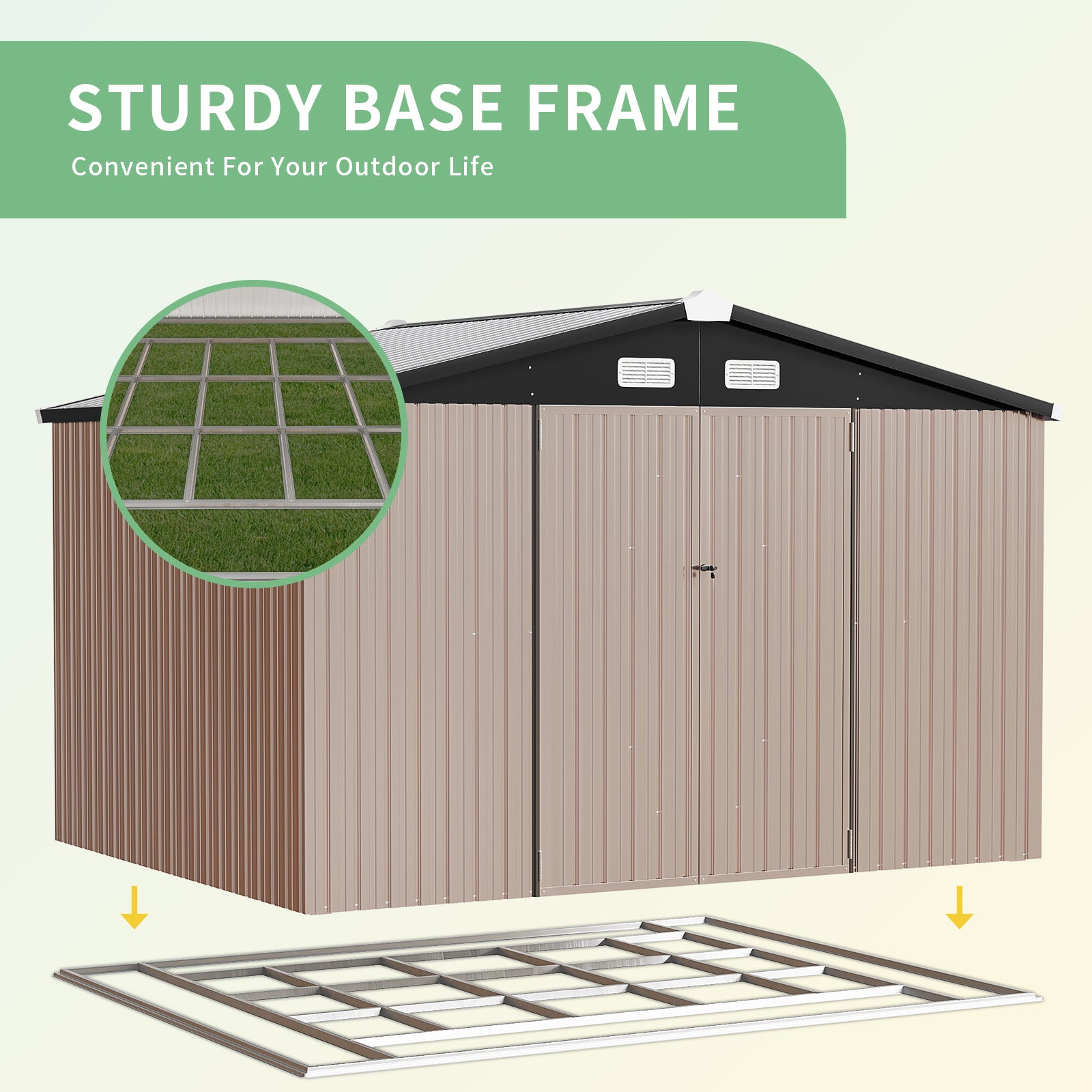 Sunmthink 7.6 x 9.7 FT Outdoor Storage Shed with Base Frame, Metal Shed with Lockable Door, Tool Shed for Garden, Backyard, Patio, Lawn(Floor not included)