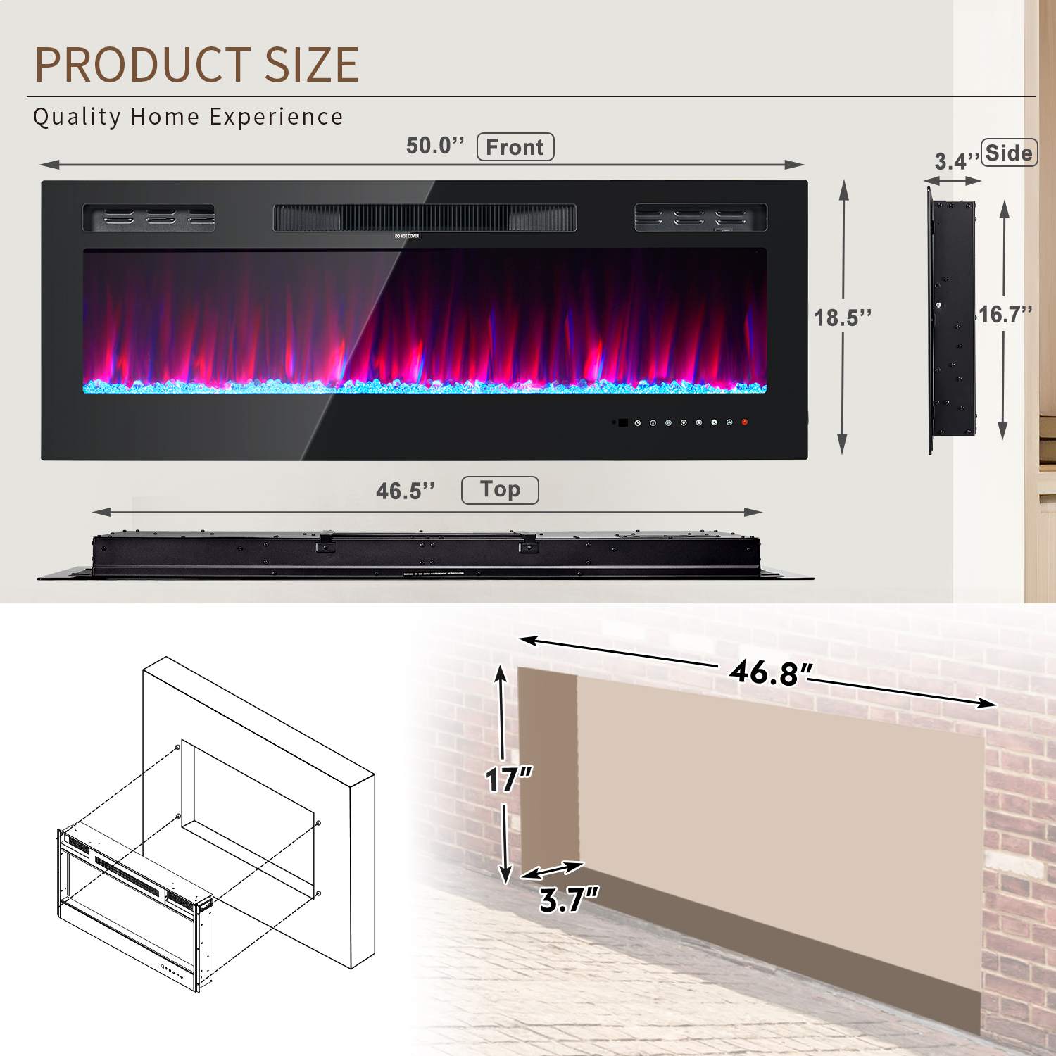 50" Wall Mounted Electric Fireplace, 750W/1500W, 12 Color Flame, Remote Control