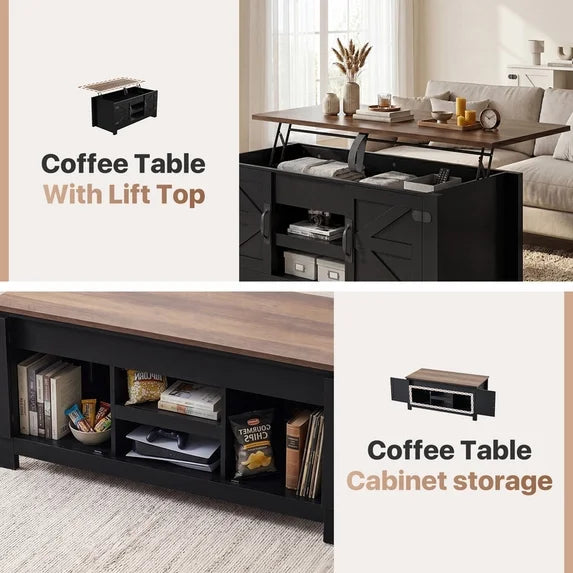 Sonergra Lift Top Coffee Table with Storage, Farmhouse Living Room Table with Charging Station & Barn Doors, Black
