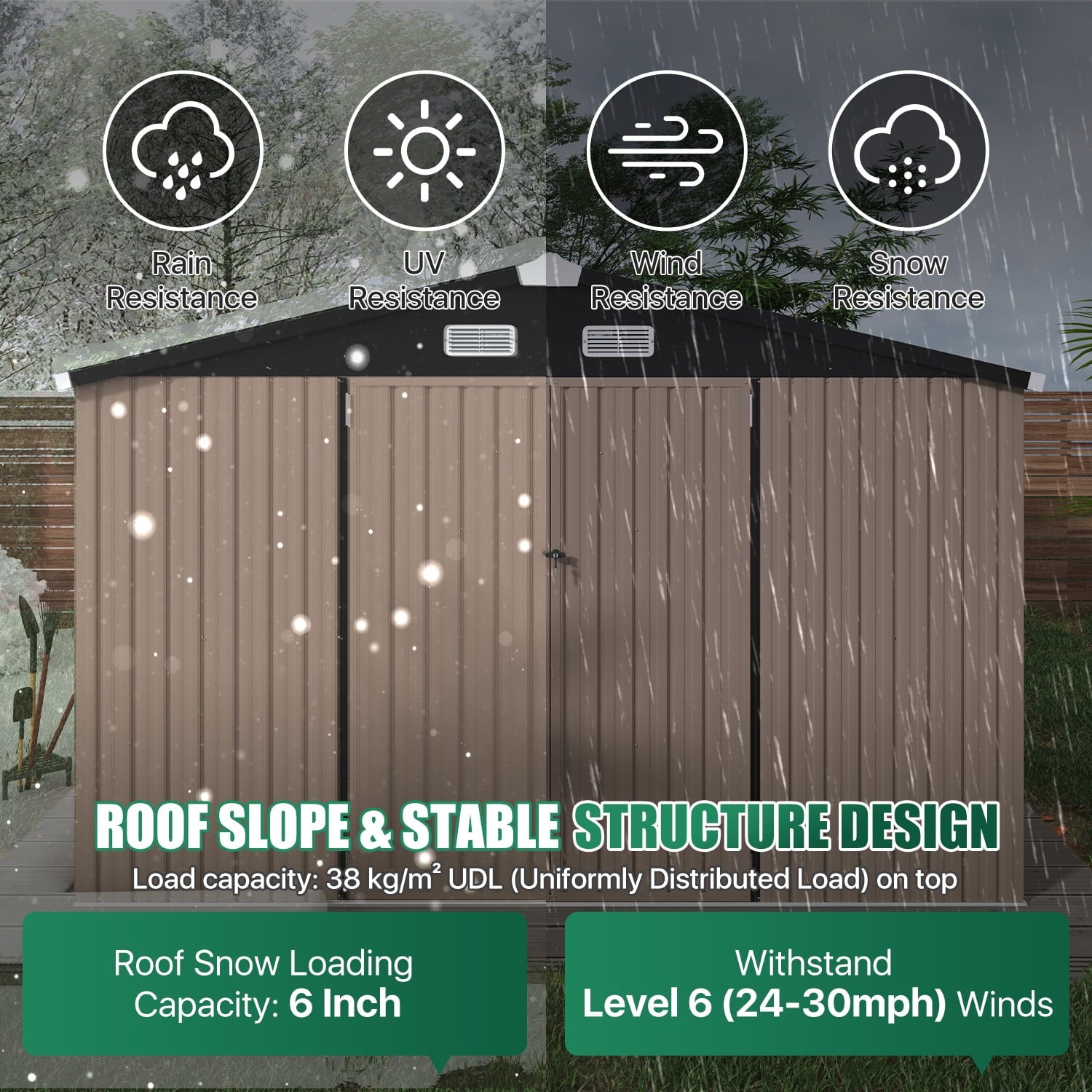 Clouddwell 9.5x7.5ft Galvanized Steel Storage Shed with Floor & Double Doors - Brown